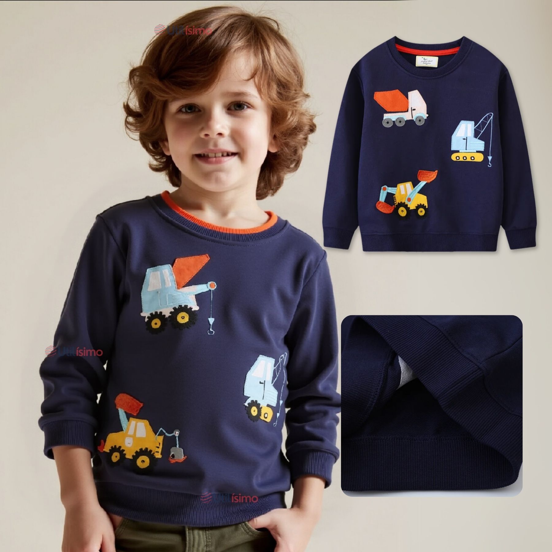 POLERÓN NIÑO MANGA LARGA 100% ALGODÓN AZUL GRUAS - 1