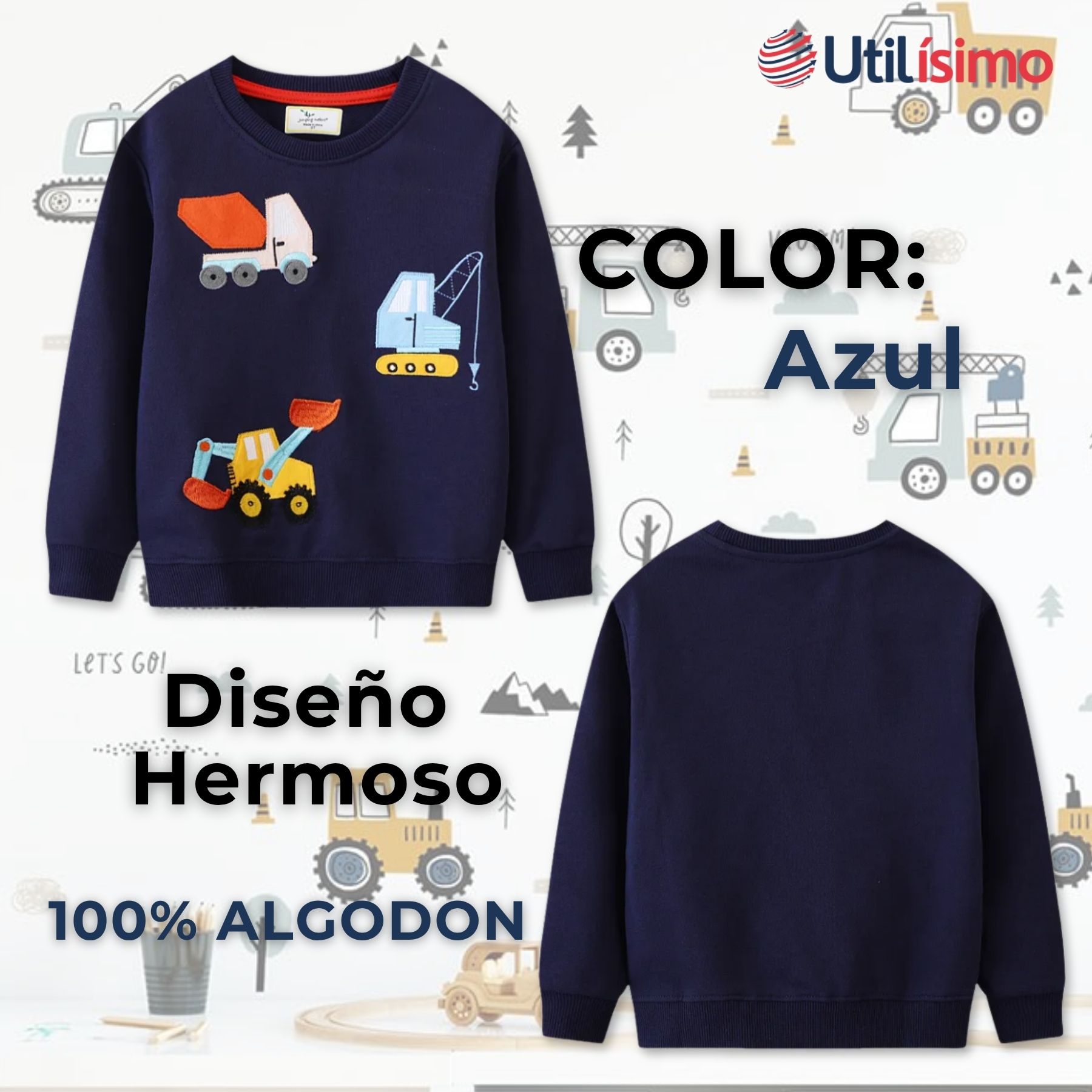 POLERÓN NIÑO MANGA LARGA 100% ALGODÓN AZUL GRUAS - 2