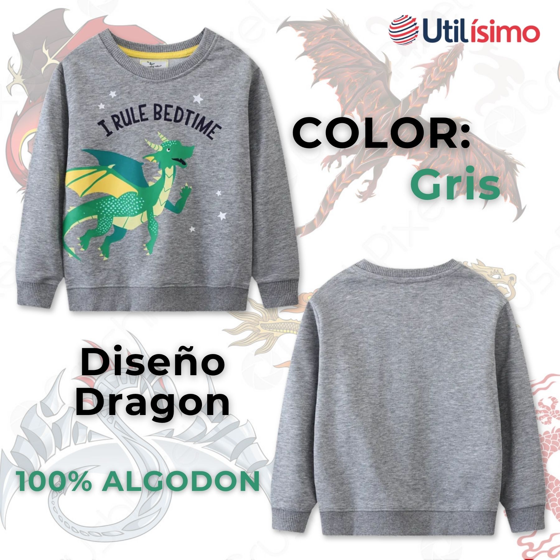 POLERÓN NIÑO MANGA LARGA 100% ALGODÓN GRIS DRAGON - 2