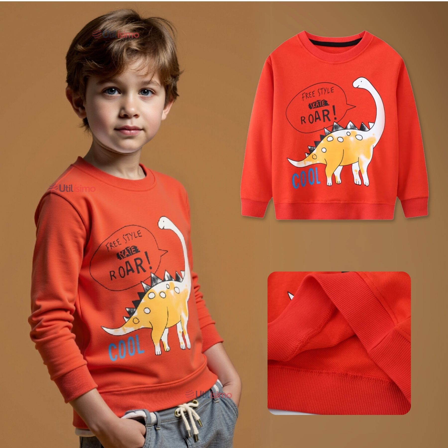 POLERÓN NIÑO MANGA LARGA 100% ALGODÓN NARANJA DINOSAURIOS - 1
