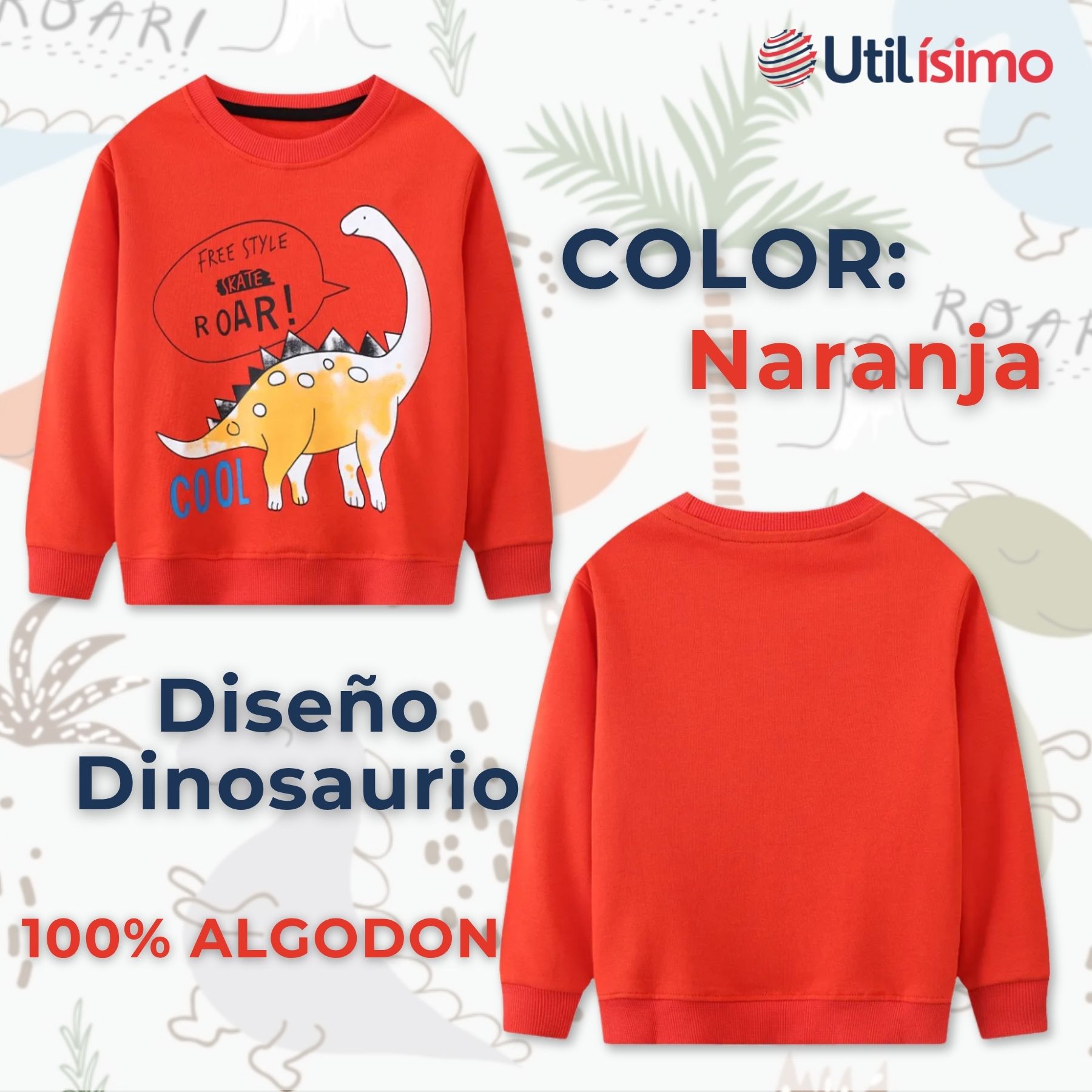 POLERÓN NIÑO MANGA LARGA 100% ALGODÓN NARANJA DINOSAURIOS - 2