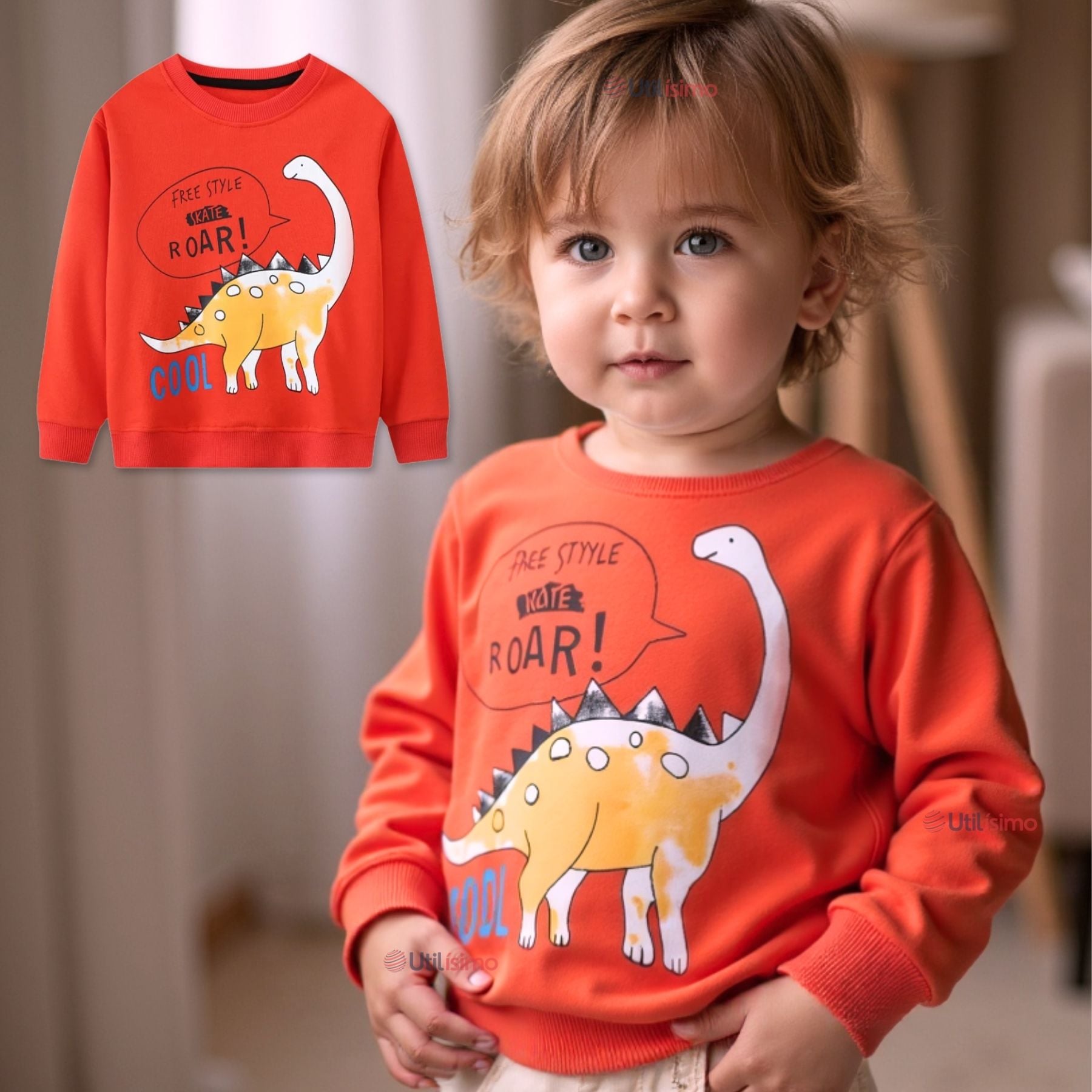 POLERÓN NIÑO MANGA LARGA 100% ALGODÓN NARANJA DINOSAURIOS - 1