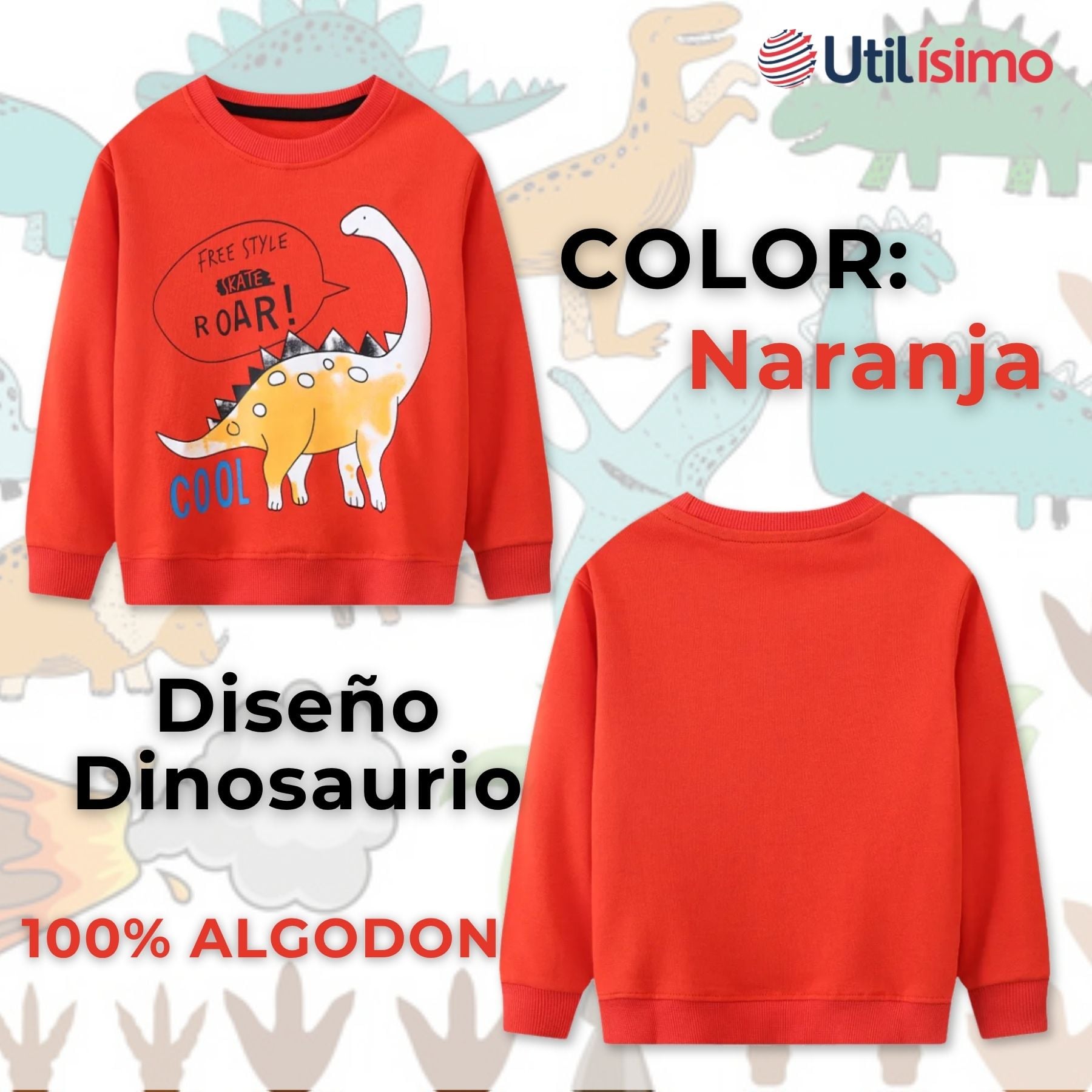 POLERÓN NIÑO MANGA LARGA 100% ALGODÓN NARANJA DINOSAURIOS - 2