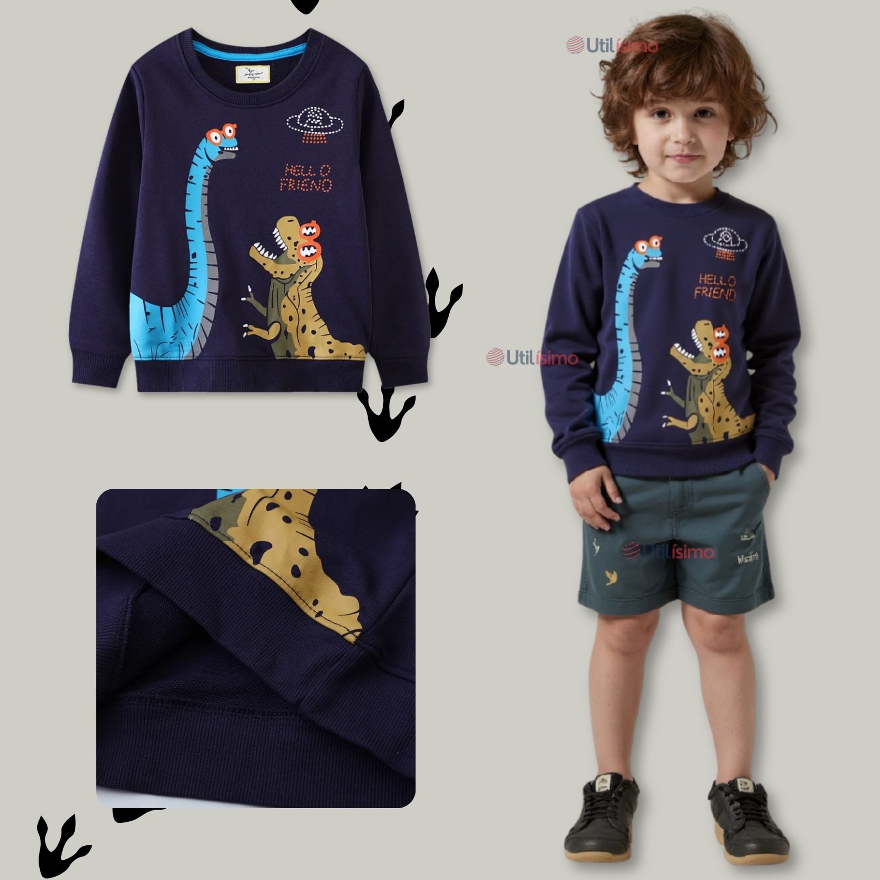 POLERÓN NIÑO MANGA LARGA 100% ALGODÓN AZUL DINOSAURIOS - 1