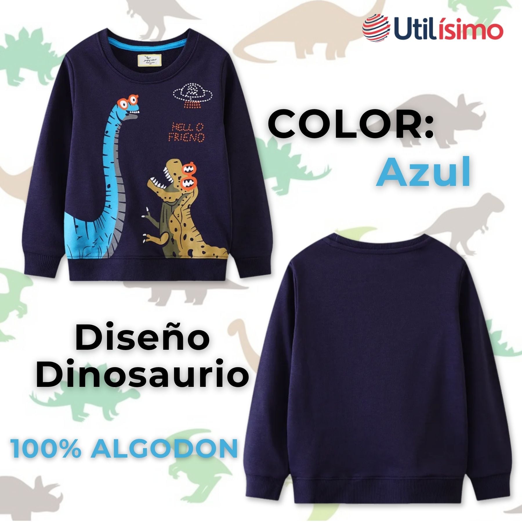 POLERÓN NIÑO MANGA LARGA 100% ALGODÓN AZUL DINOSAURIOS - 2