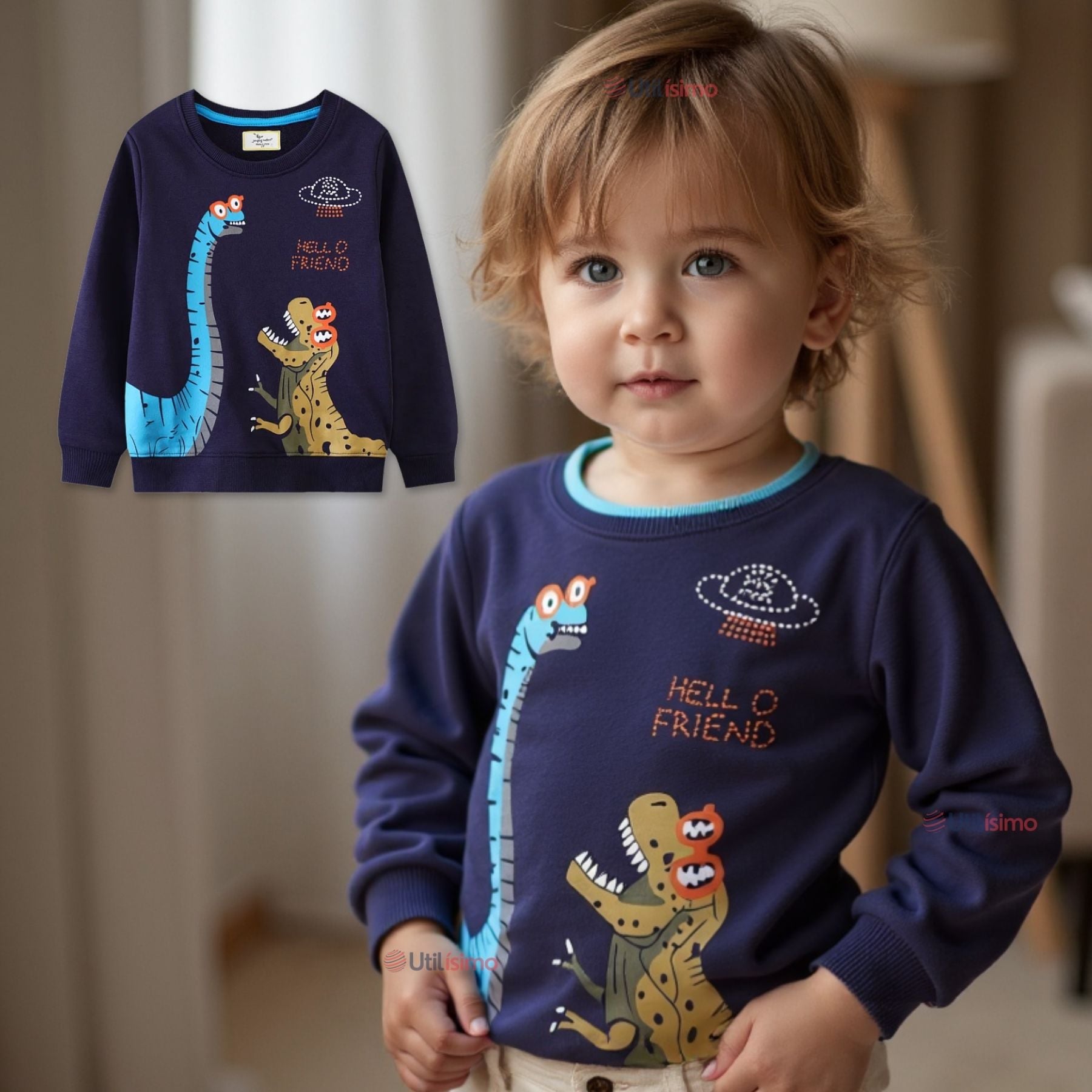 POLERÓN NIÑO MANGA LARGA 100% ALGODÓN AZUL DINOSAURIOS - 1