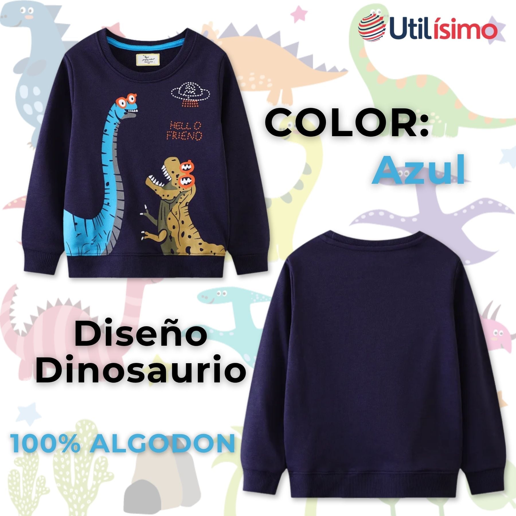 POLERÓN NIÑO MANGA LARGA 100% ALGODÓN AZUL DINOSAURIOS - 2