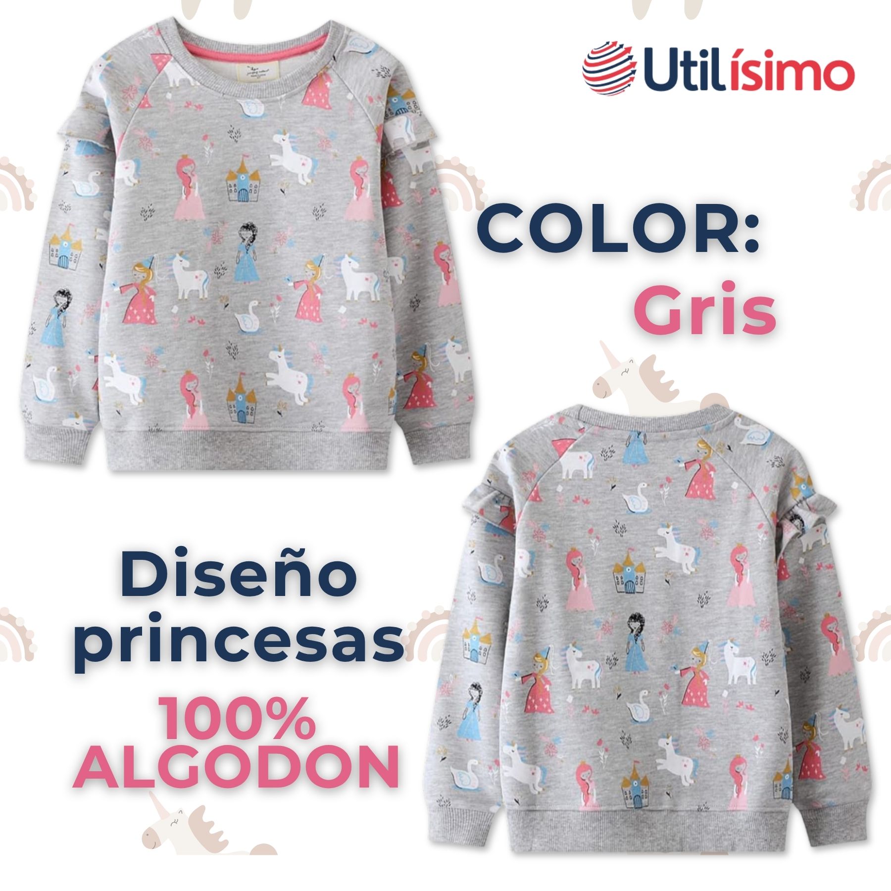 POLERÓN NIÑA MANGA LARGA 100% ALGODÓN GRIS PRINCESAS - 2