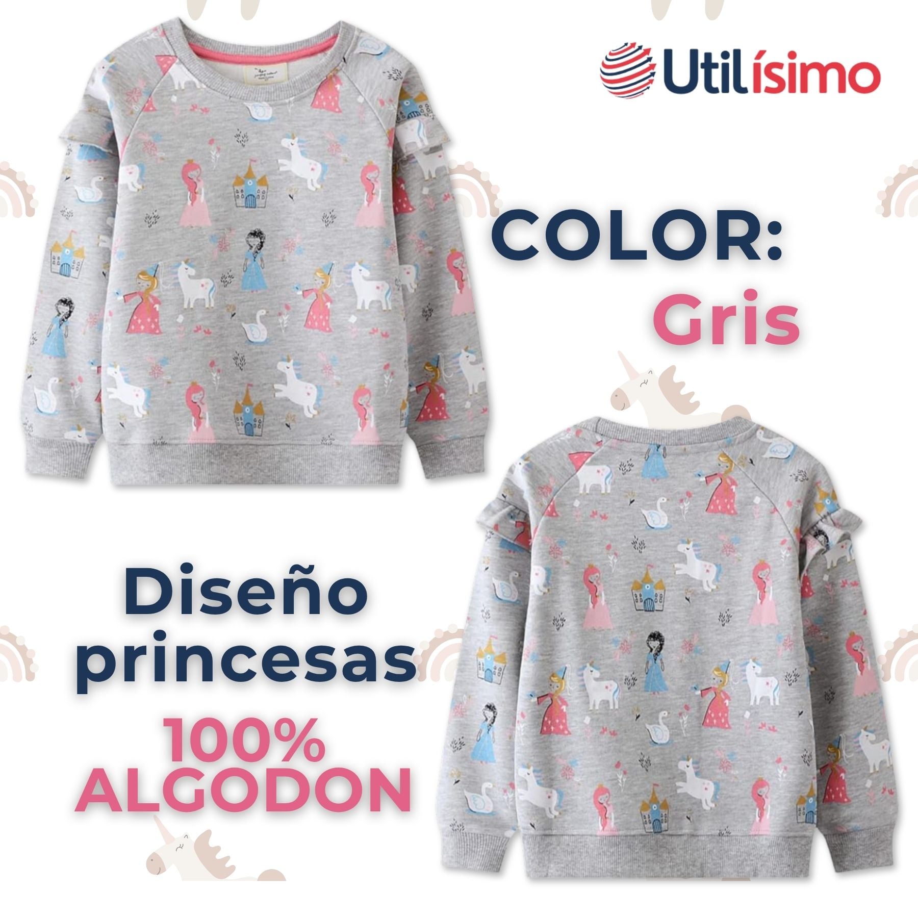 POLERÓN NIÑA MANGA LARGA 100% ALGODÓN GRIS PRINCESAS - 2