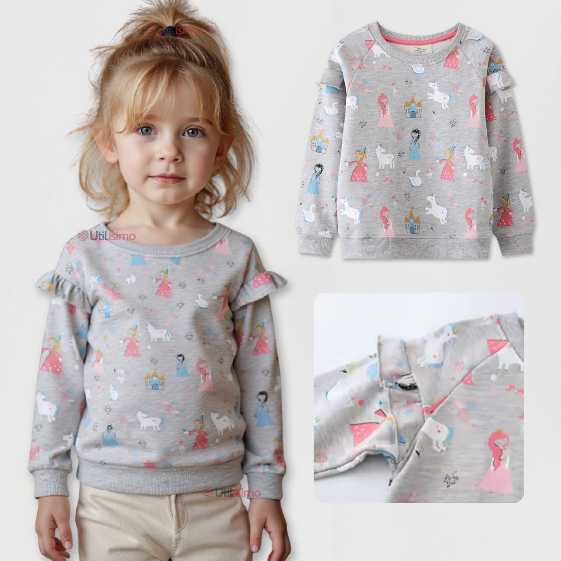 POLERÓN NIÑA MANGA LARGA 100% ALGODÓN GRIS PRINCESAS - 1