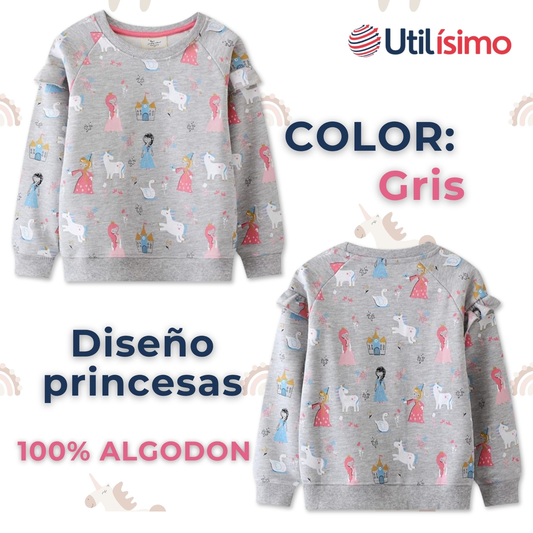 POLERÓN NIÑA MANGA LARGA 100% ALGODÓN GRIS PRINCESAS - 2
