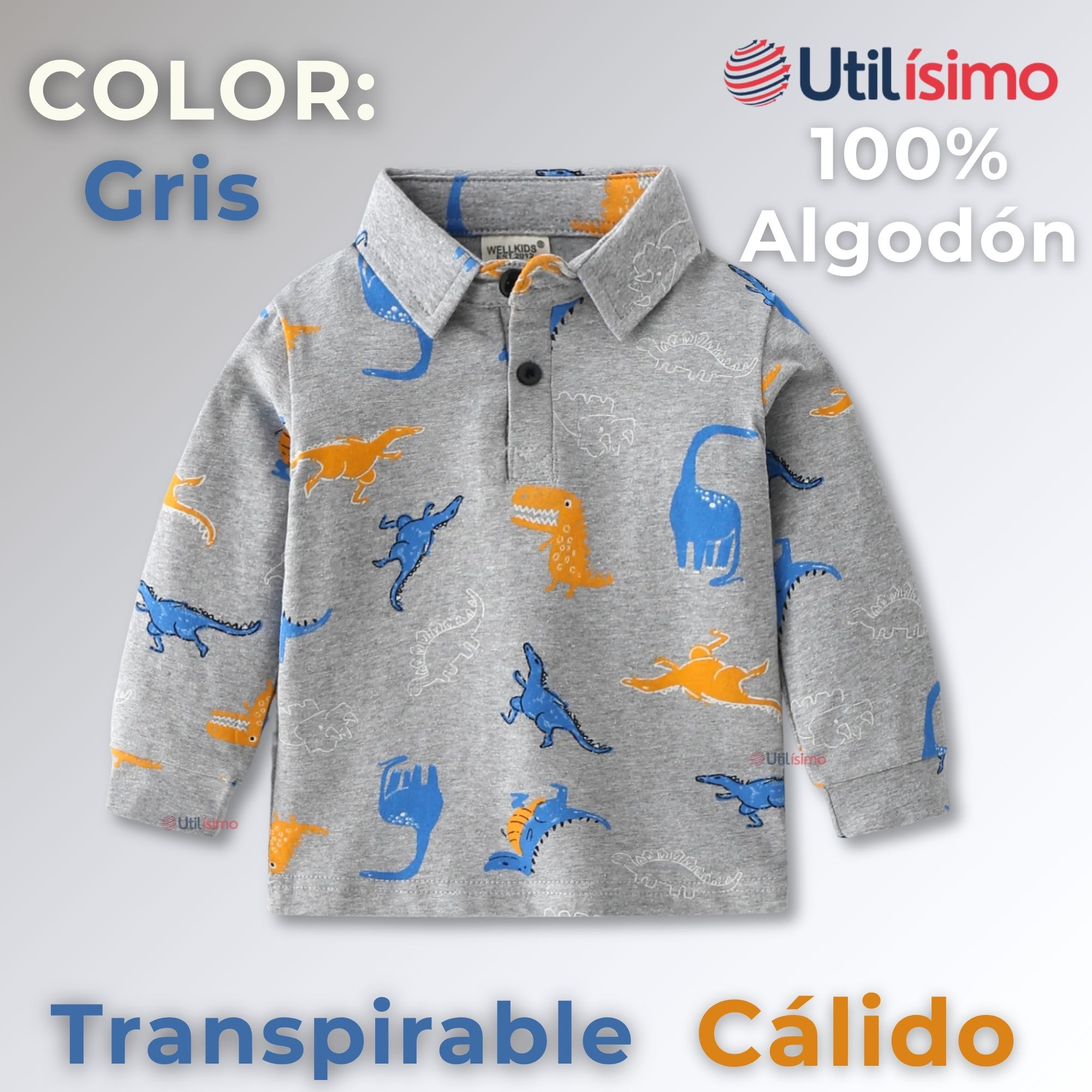 POLERA PIQUÉ MANGA LARGA NIÑO CON ESTAMPADO DE DINOSAURIOS GRIS - 2