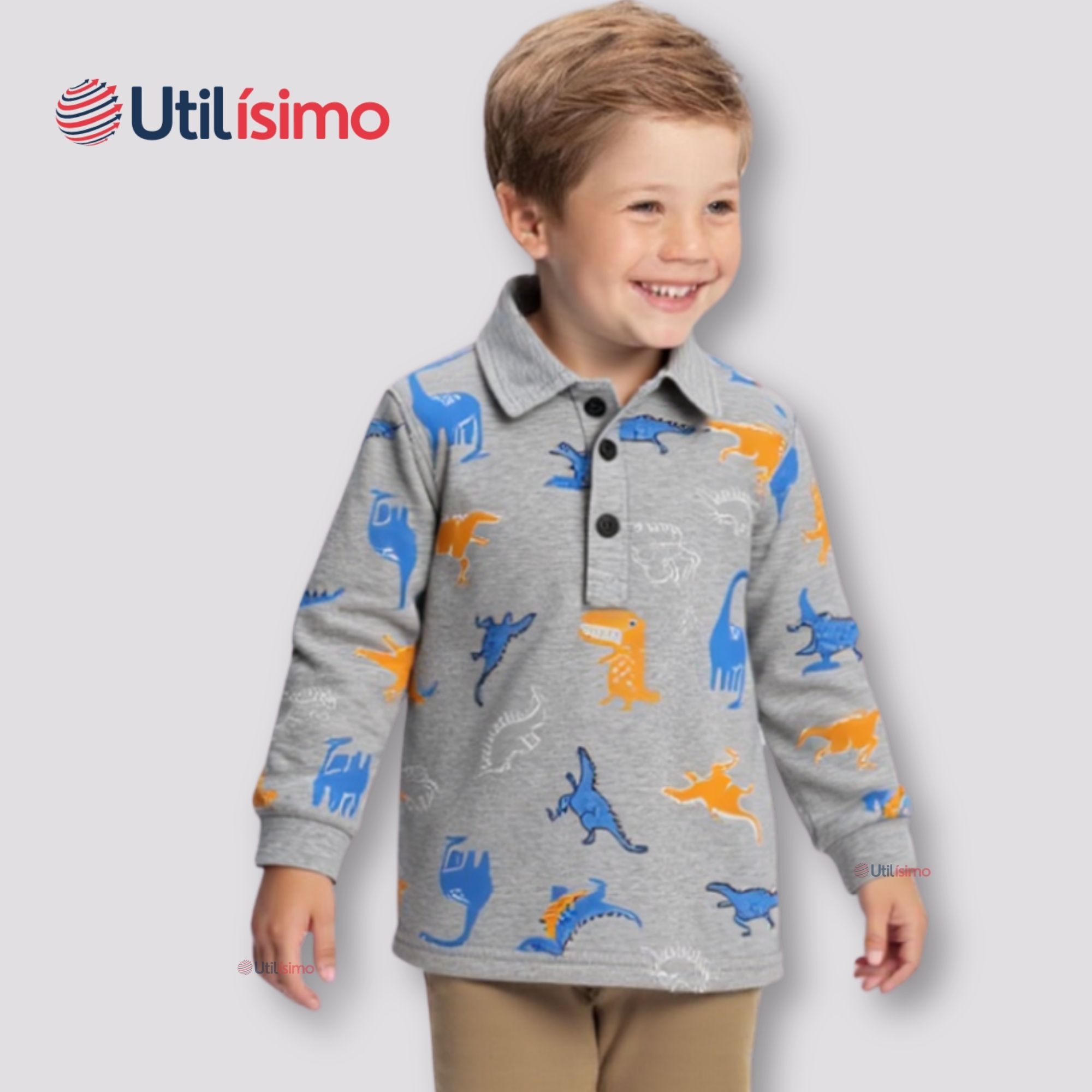 POLERA PIQUÉ MANGA LARGA NIÑO CON ESTAMPADO DE DINOSAURIOS GRIS - 9