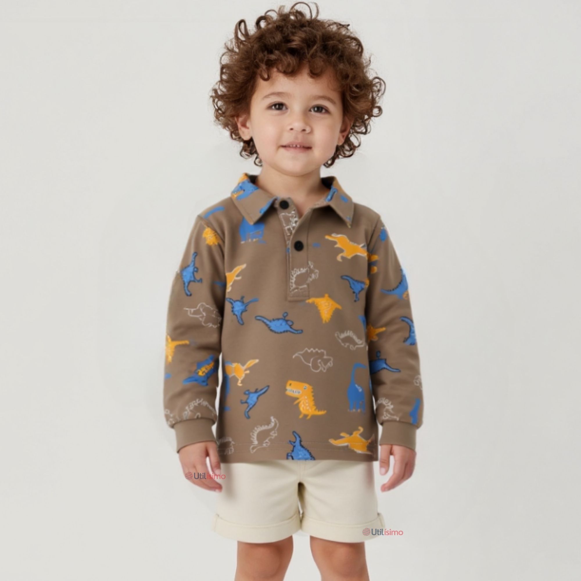 POLERA PIQUÉ MANGA LARGA NIÑO CON ESTAMPADO DE DINOSAURIOS MARRÓN - 1
