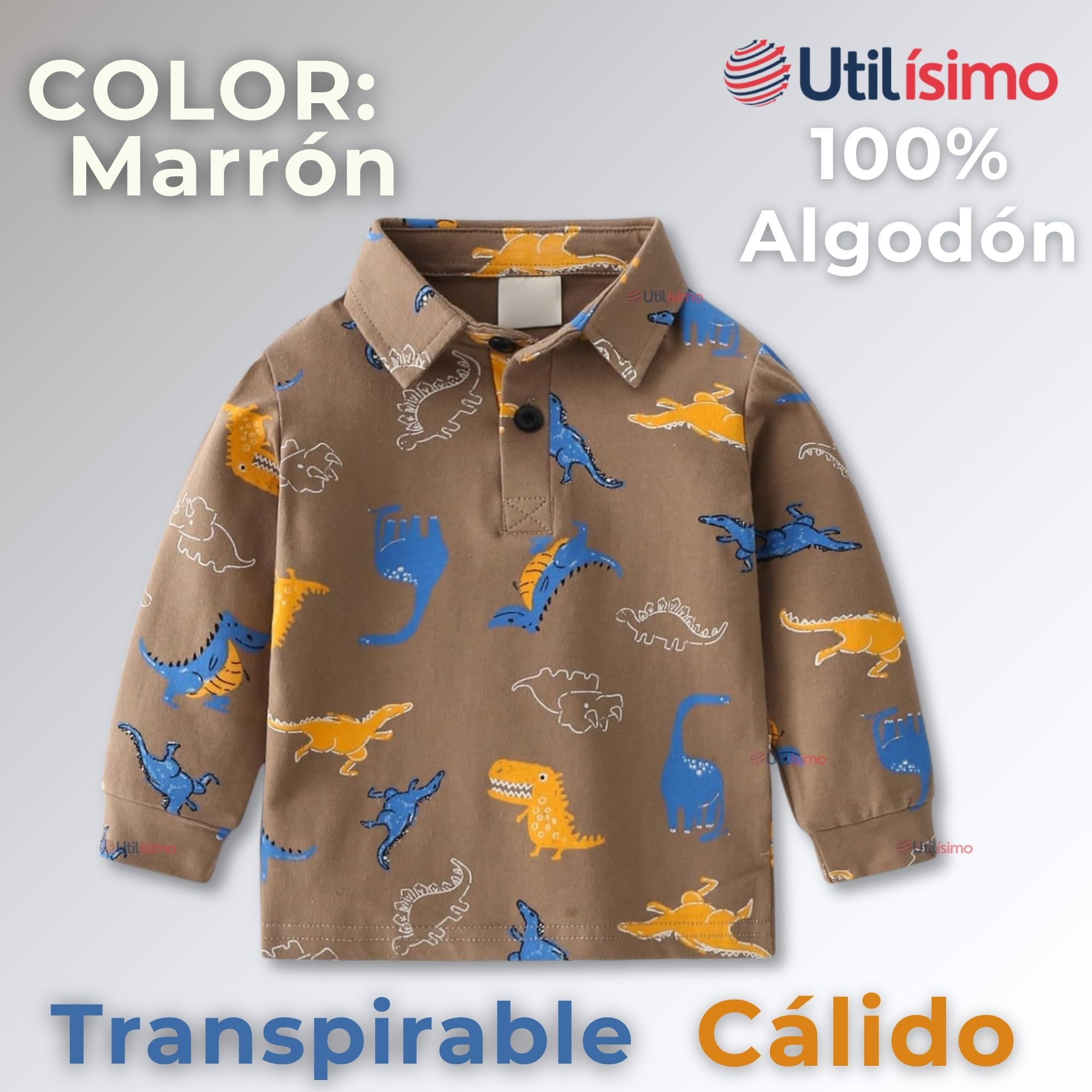 POLERA PIQUÉ MANGA LARGA NIÑO CON ESTAMPADO DE DINOSAURIOS MARRÓN - 2