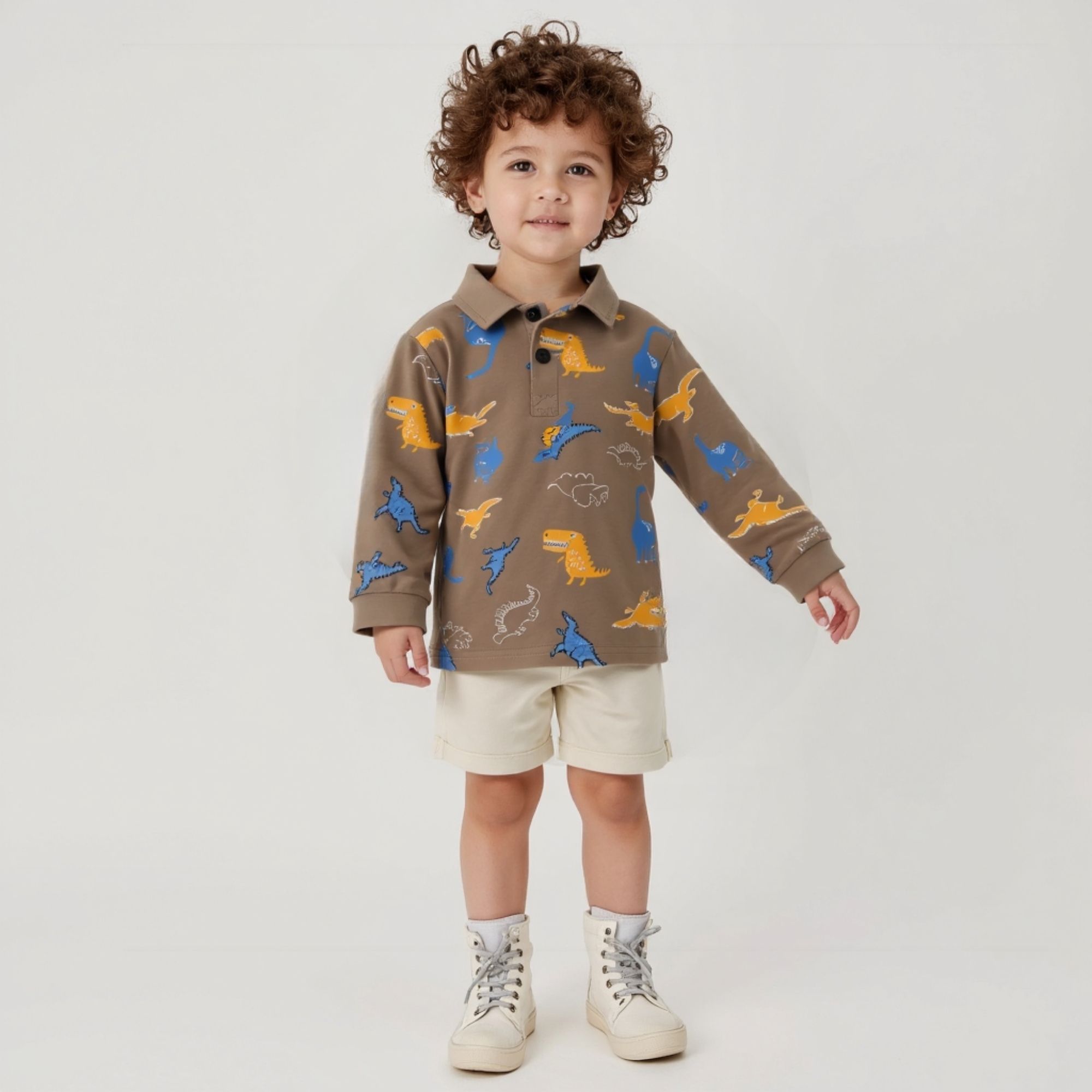 POLERA PIQUÉ MANGA LARGA NIÑO CON ESTAMPADO DE DINOSAURIOS MARRÓN - 9