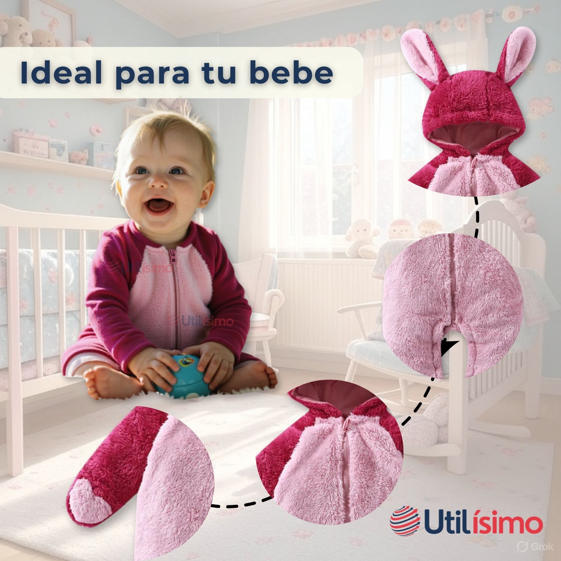 ENTERITO OSITO POLAR CON CAPUCHA ROSADO PARA BEBÉ - 5