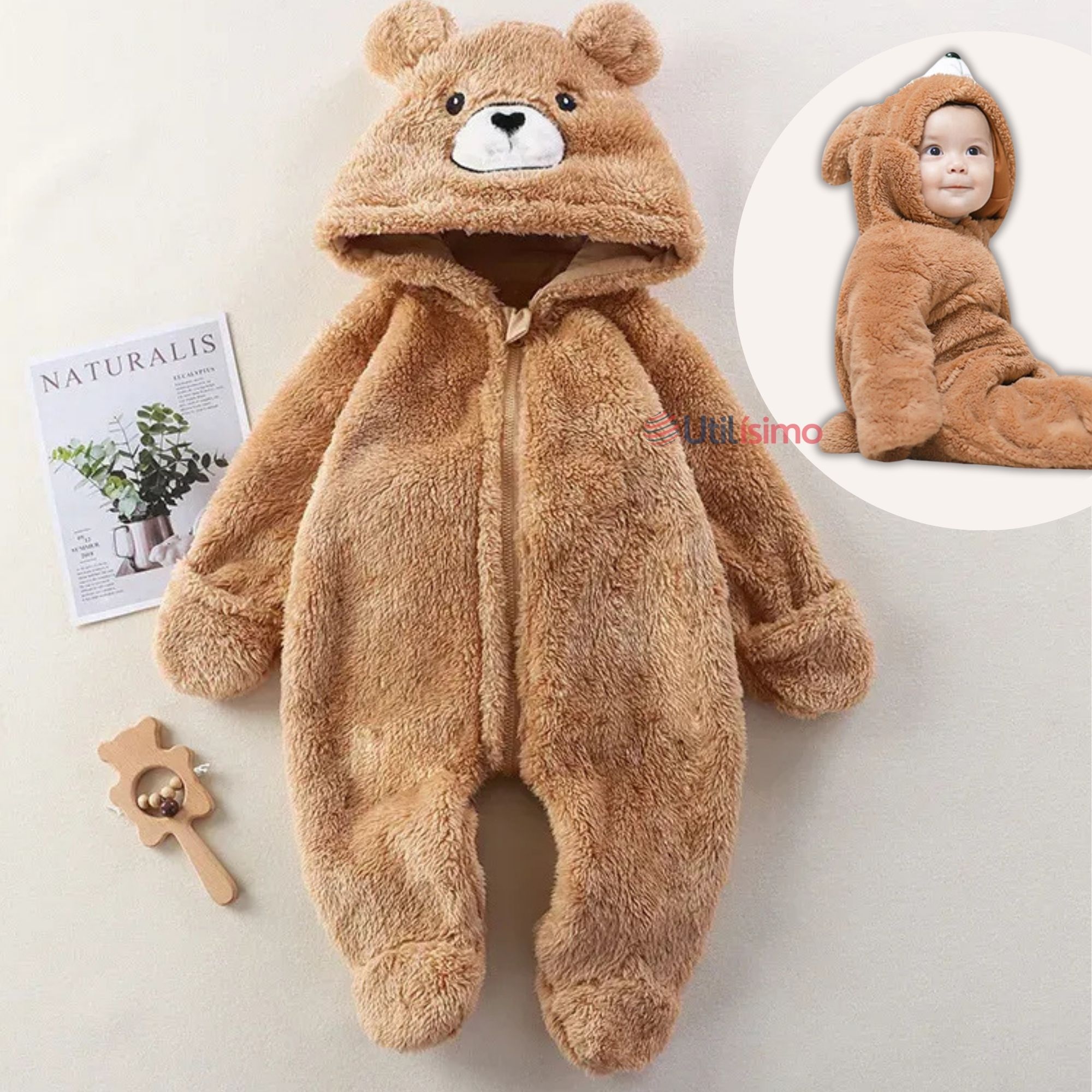 ENTERITO OSO CON CAPUCHA BEBE POLAR MARRÓN - 1