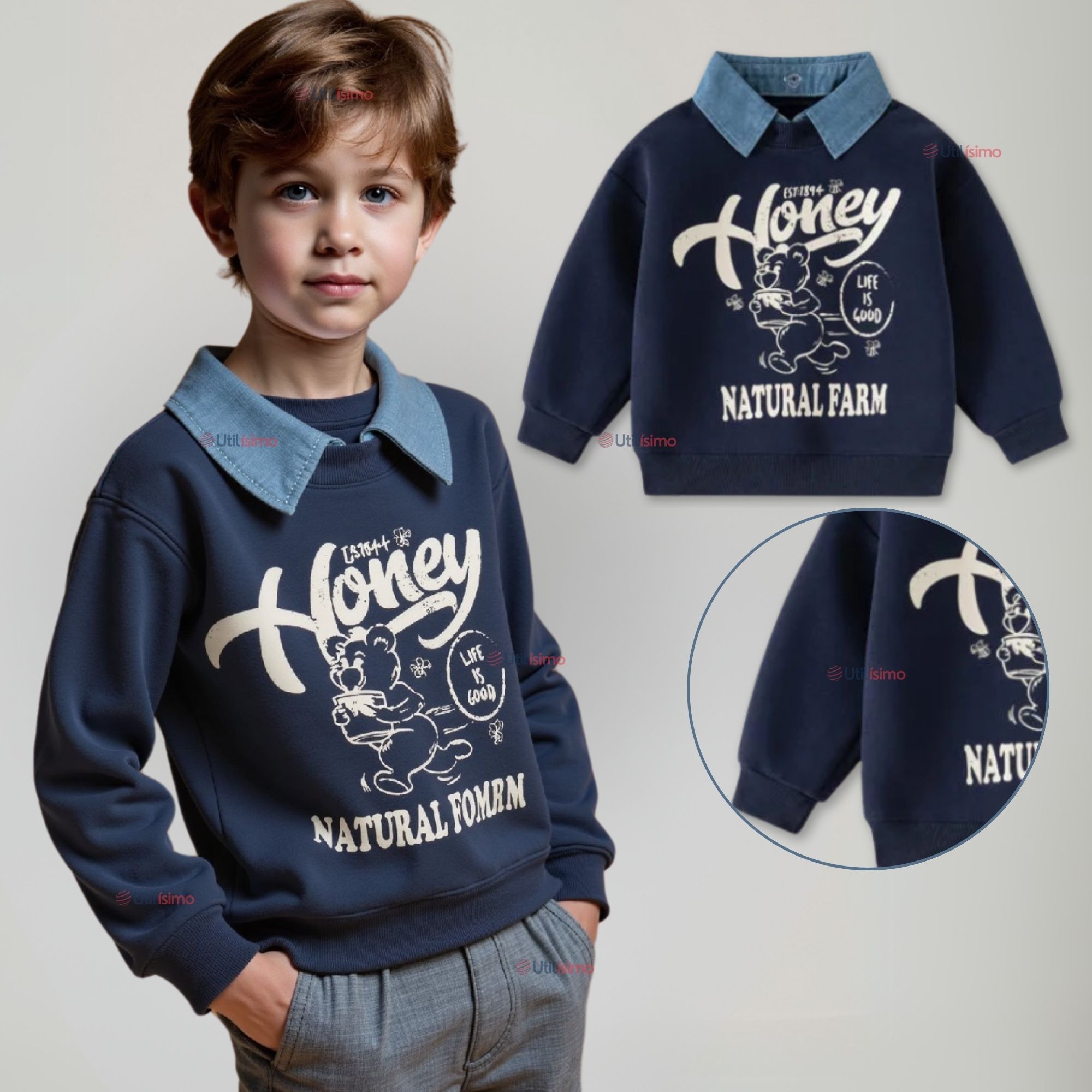 POLERÓN ESTILO PIQUE MANGA LARGA NIÑO 100% ALGODÓN AZUL - 1