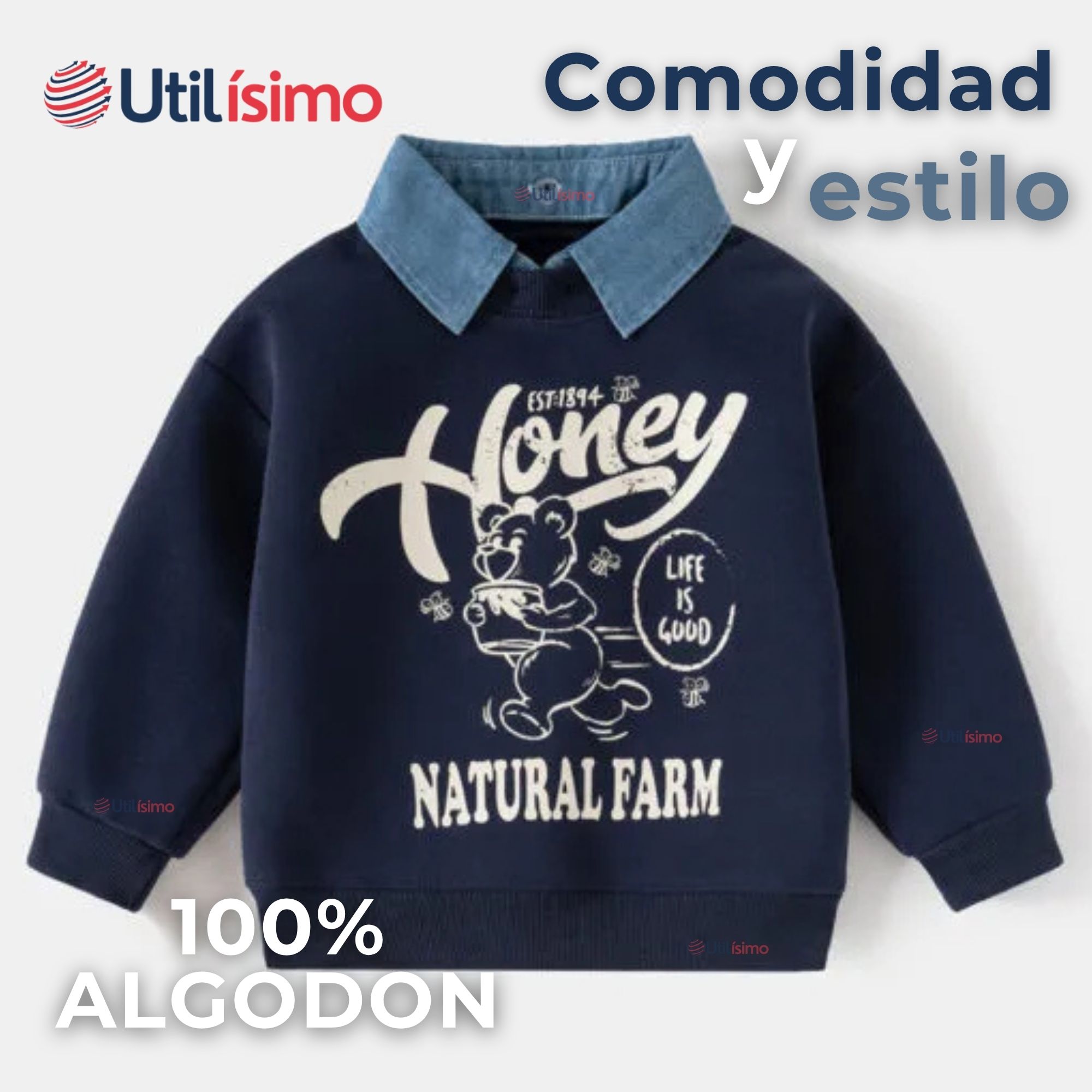 POLERÓN ESTILO PIQUE MANGA LARGA NIÑO 100% ALGODÓN AZUL - 2