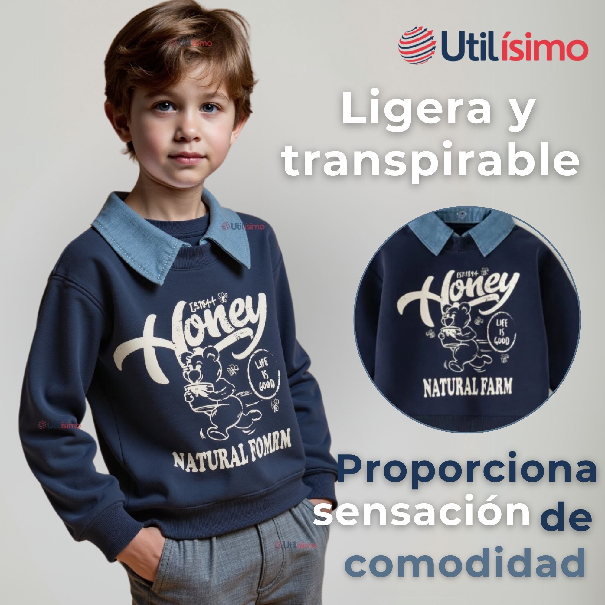 POLERÓN ESTILO PIQUE MANGA LARGA NIÑO 100% ALGODÓN AZUL - 6