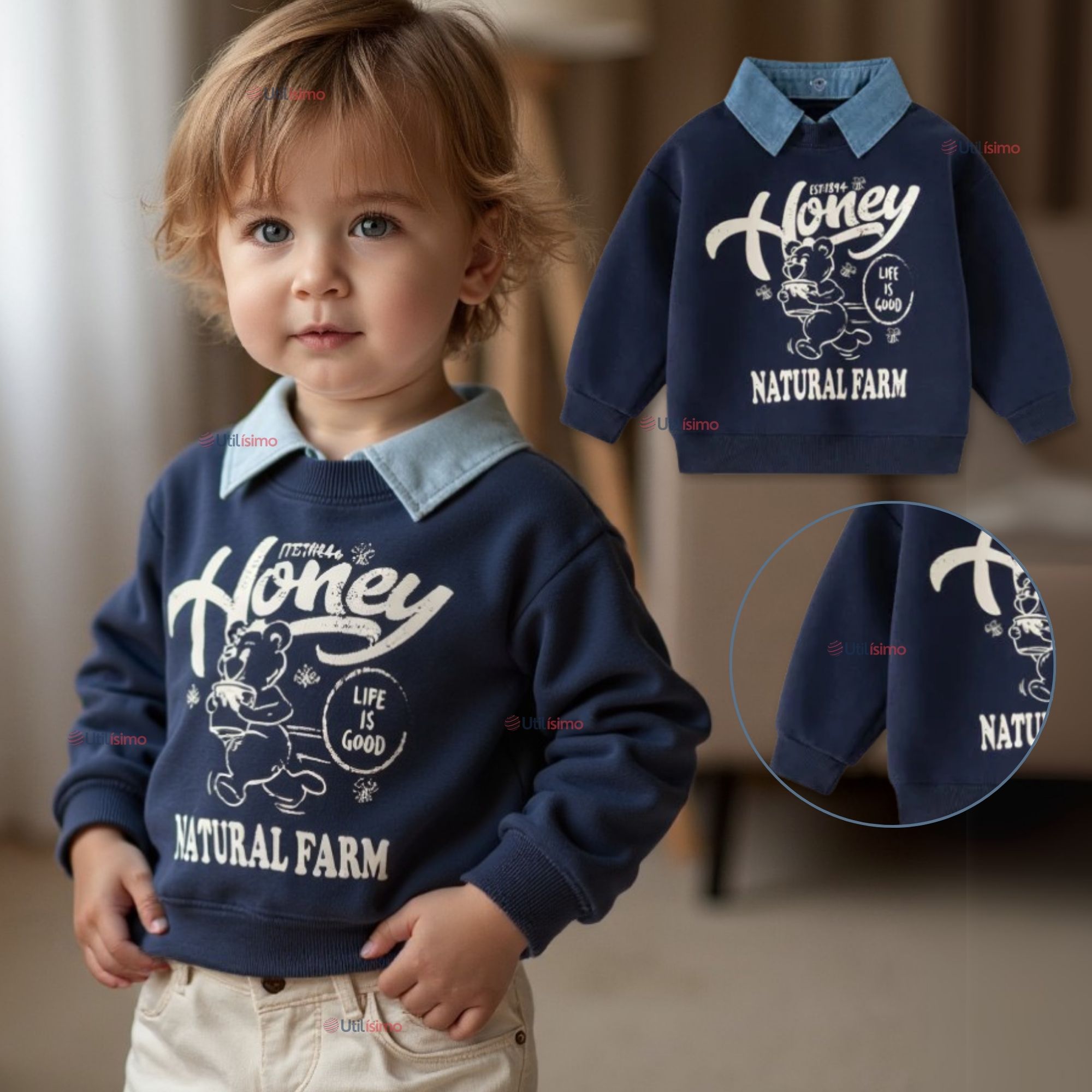POLERÓN ESTILO PIQUE MANGA LARGA NIÑO 100% ALGODÓN AZUL - 1