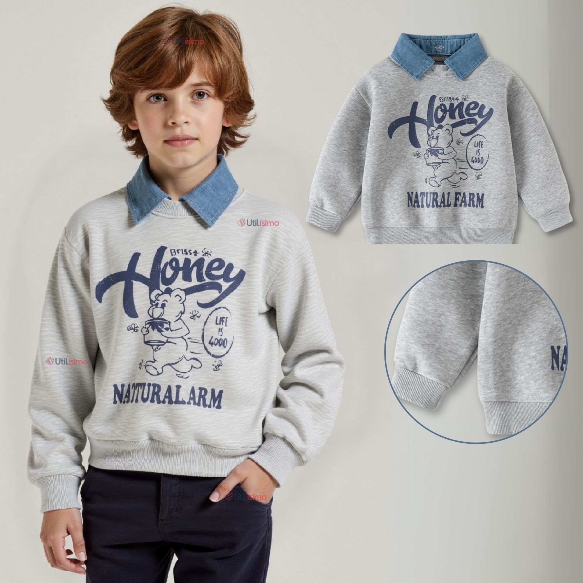 POLERÓN ESTILO PIQUE MANGA LARGA NIÑO 100% ALGODÓN GRIS - 1