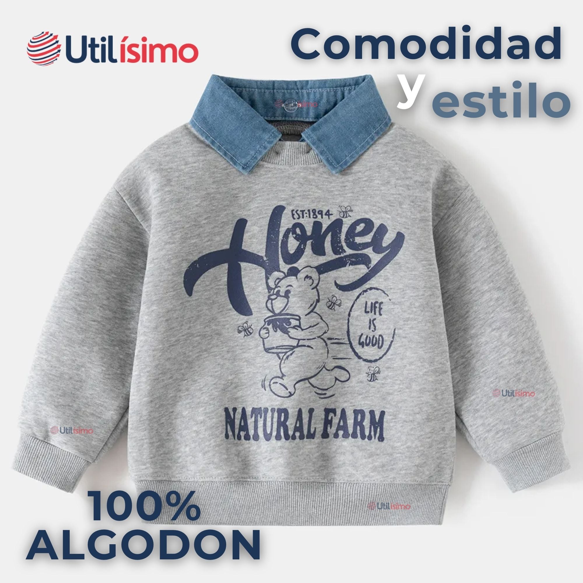 POLERÓN ESTILO PIQUE MANGA LARGA NIÑO 100% ALGODÓN GRIS - 3