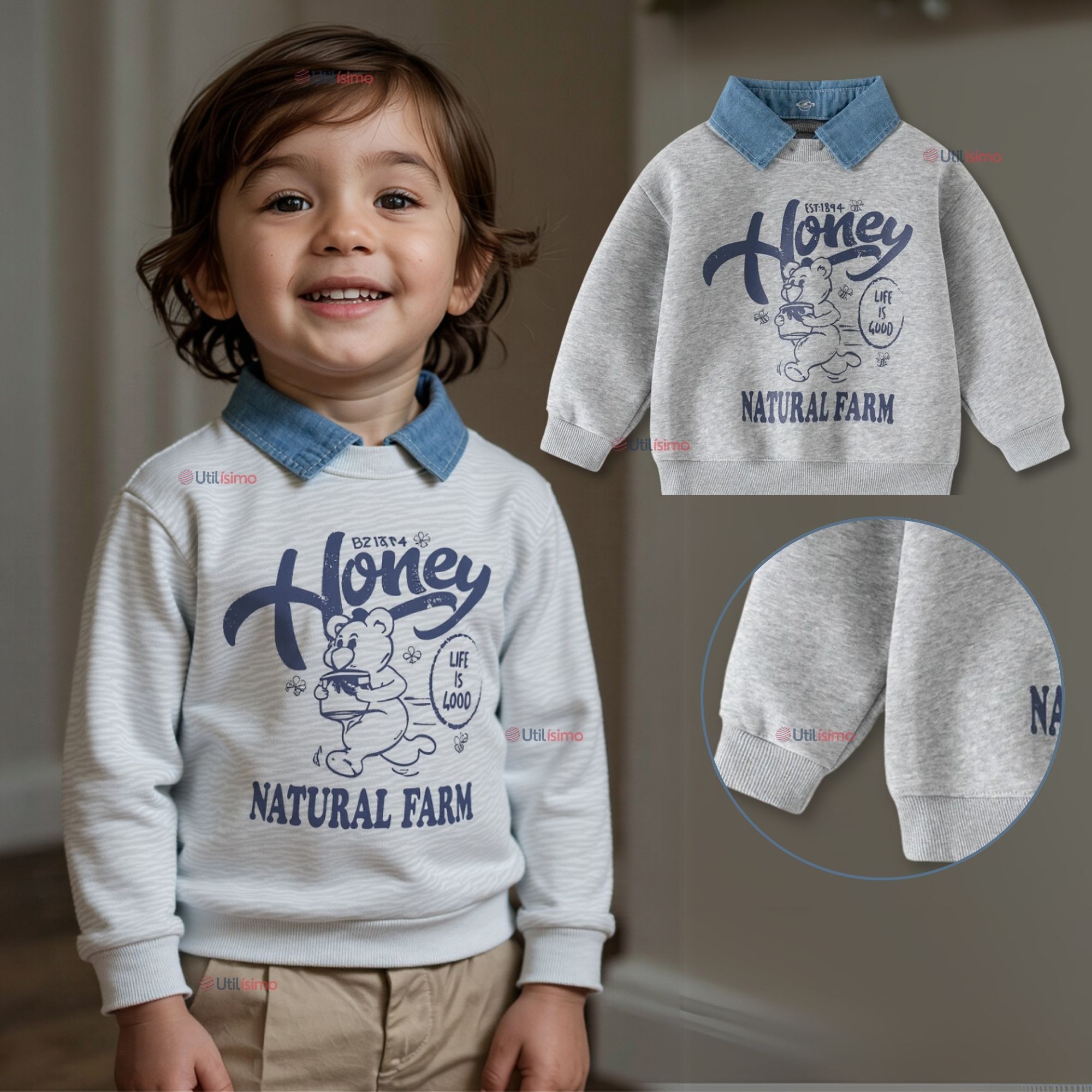 POLERÓN ESTILO PIQUE MANGA LARGA NIÑO 100% ALGODÓN GRIS - 1