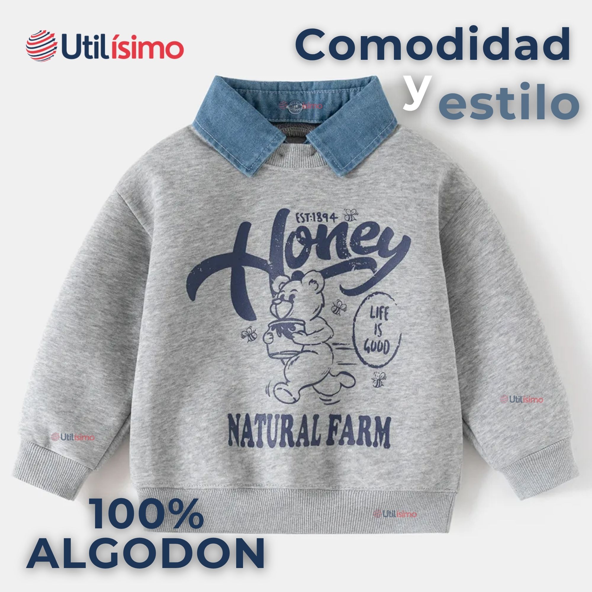 POLERÓN ESTILO PIQUE MANGA LARGA NIÑO 100% ALGODÓN GRIS - 3