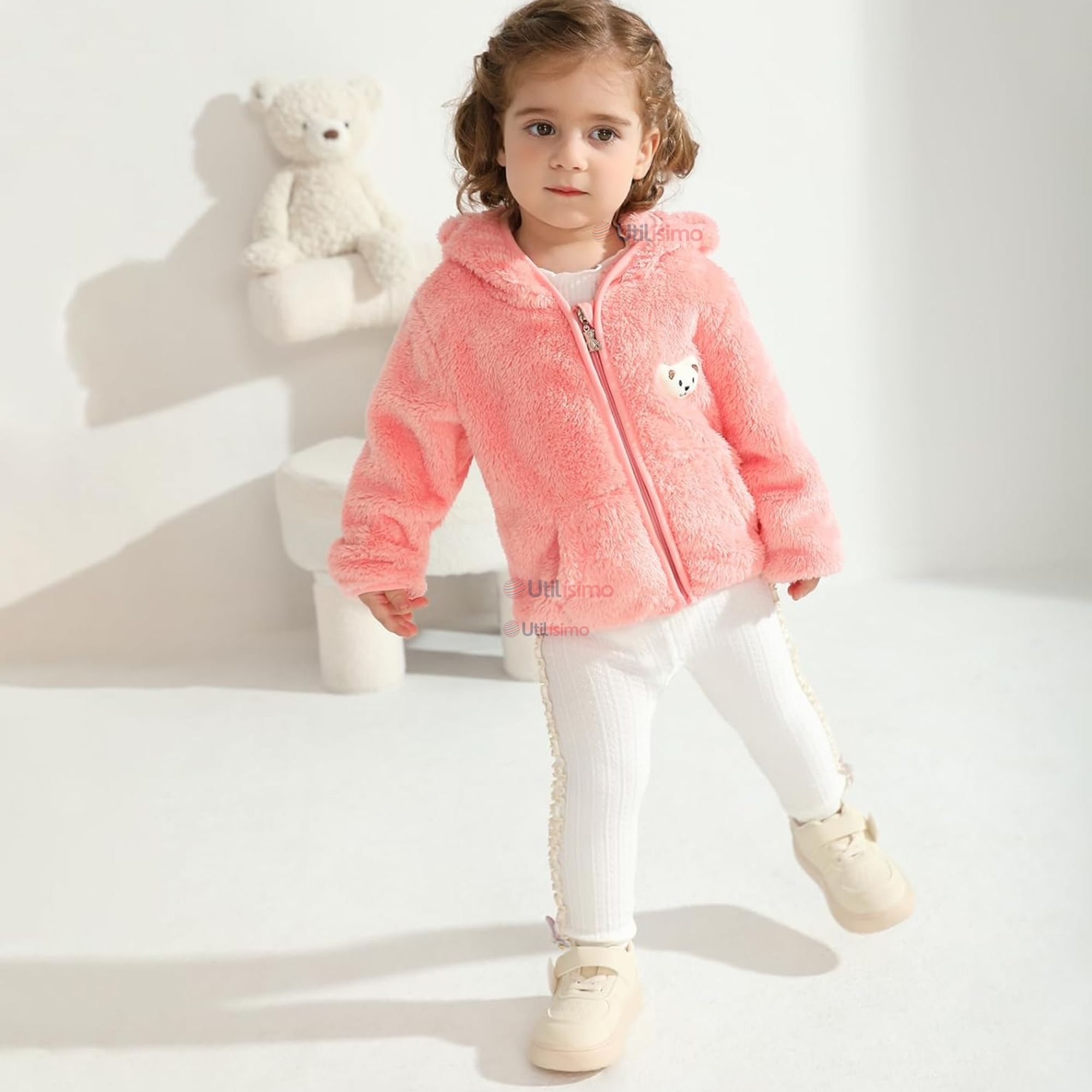 CHAQUETA POLAR CON CAPUCHA NIÑA ANIMALITOS ROSADA - 1