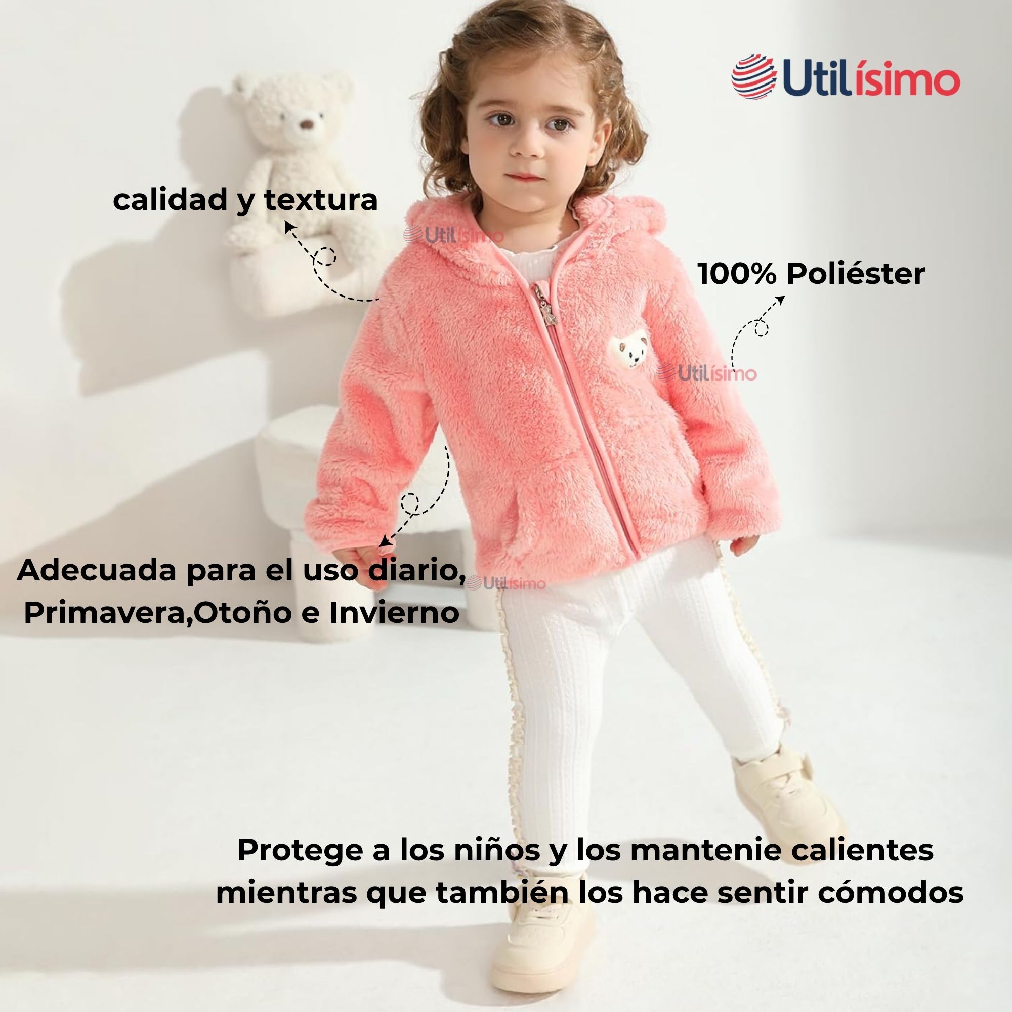 CHAQUETA POLAR CON CAPUCHA NIÑA ANIMALITOS ROSADA - 5