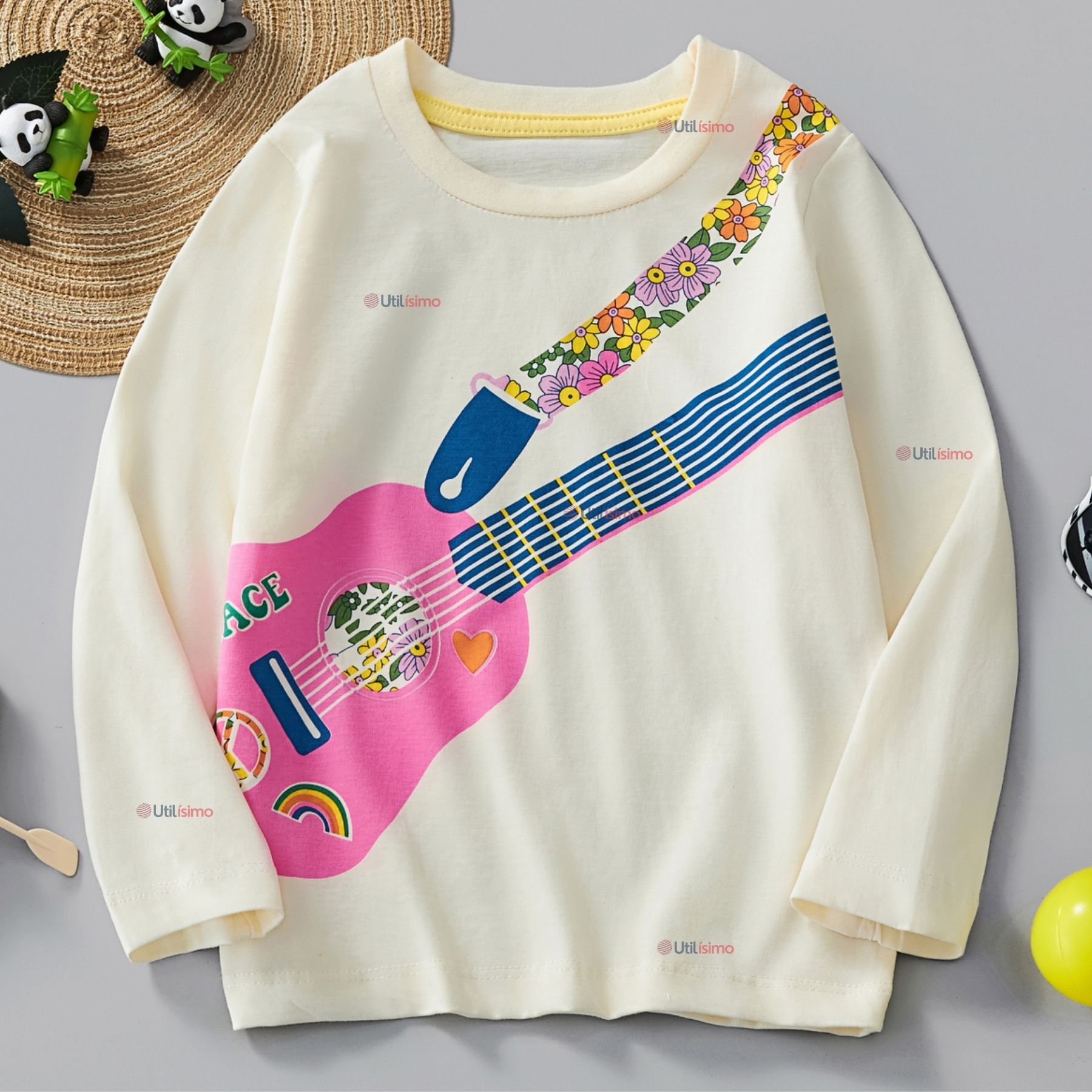 POLERA MANGA LARGA NIÑA 100% ALGODÓN GUITARRA EN COLOR BLANCO CAMISETA - 1