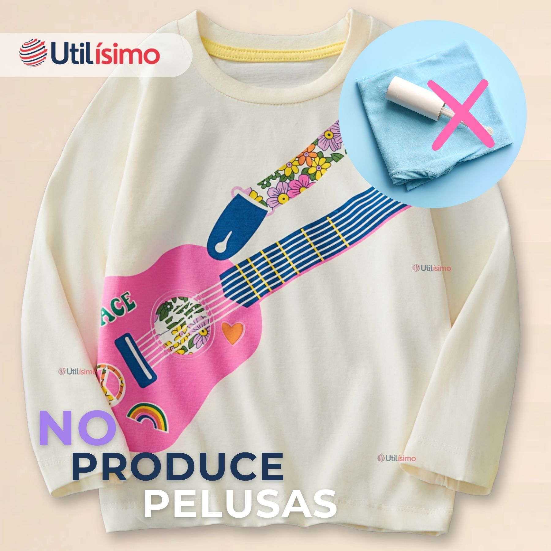 POLERA MANGA LARGA NIÑA 100% ALGODÓN GUITARRA EN COLOR BLANCO CAMISETA - 2