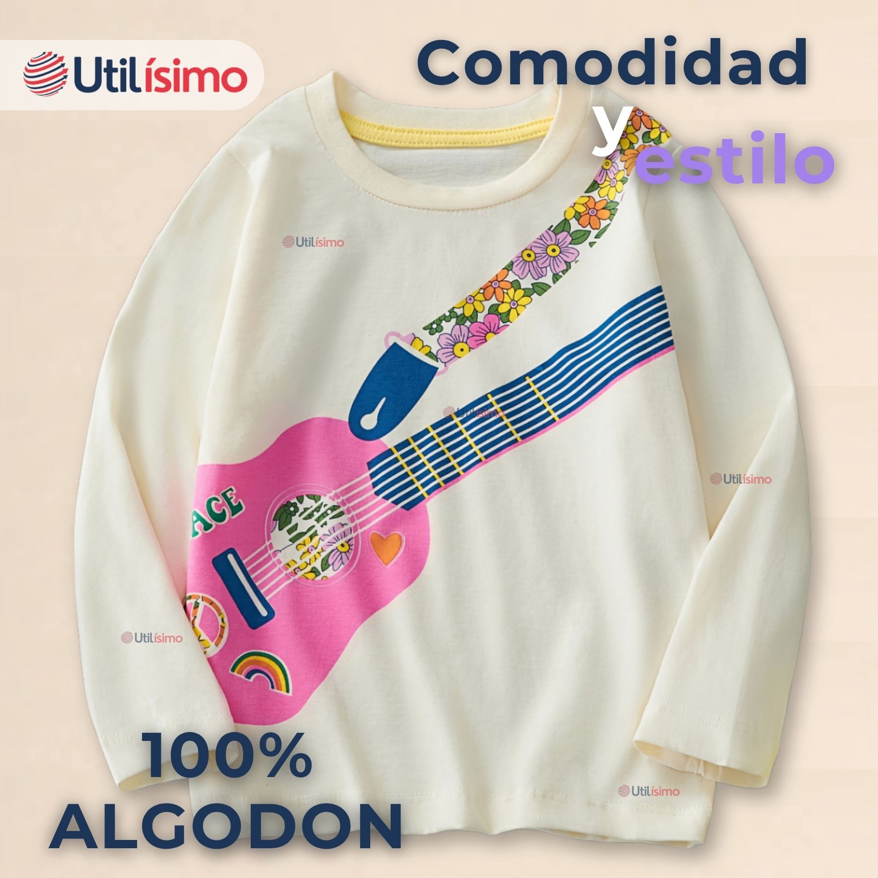 POLERA MANGA LARGA NIÑA 100% ALGODÓN GUITARRA EN COLOR BLANCO CAMISETA - 3