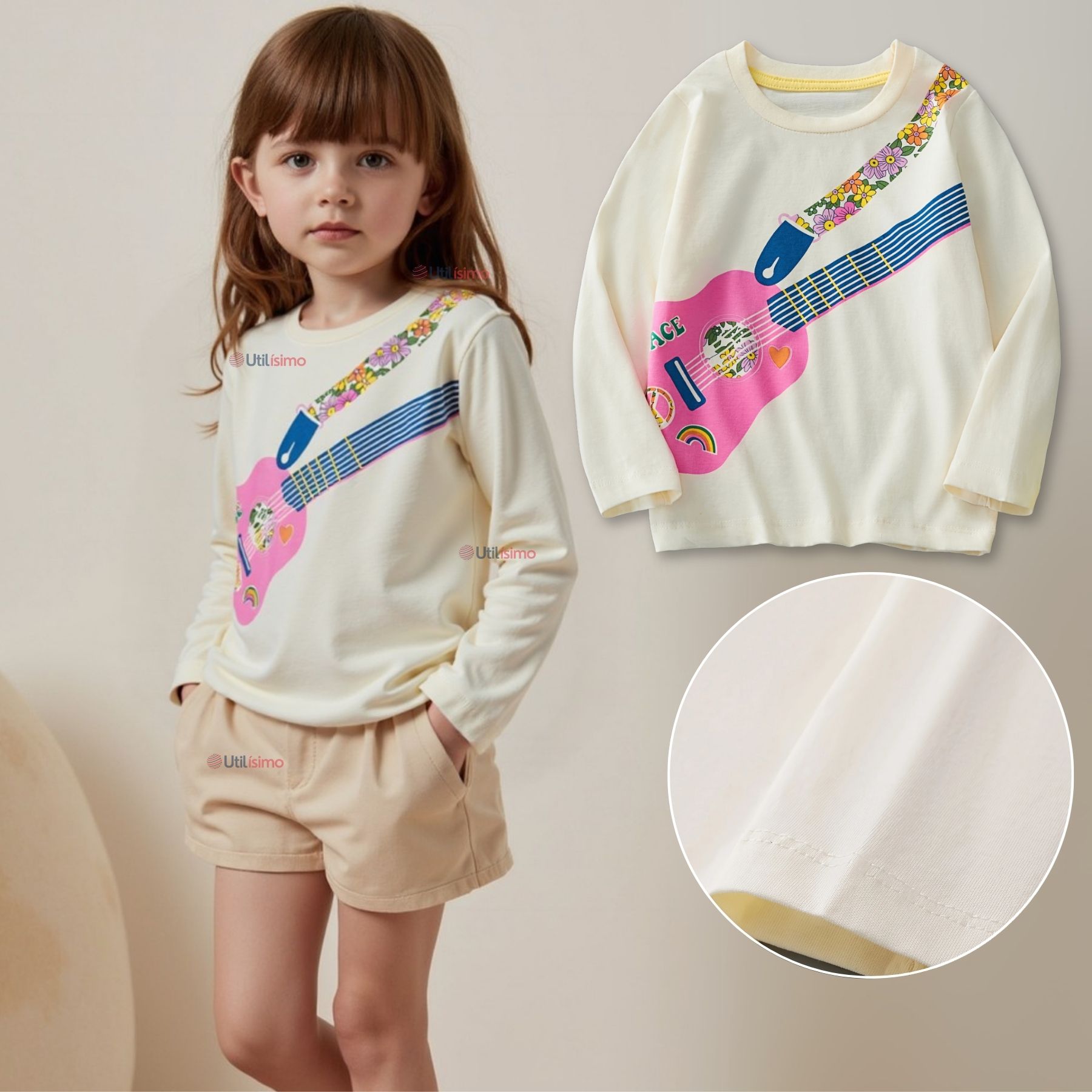 POLERA MANGA LARGA NIÑA 100% ALGODÓN GUITARRA EN COLOR BLANCO CAMISETA - 1
