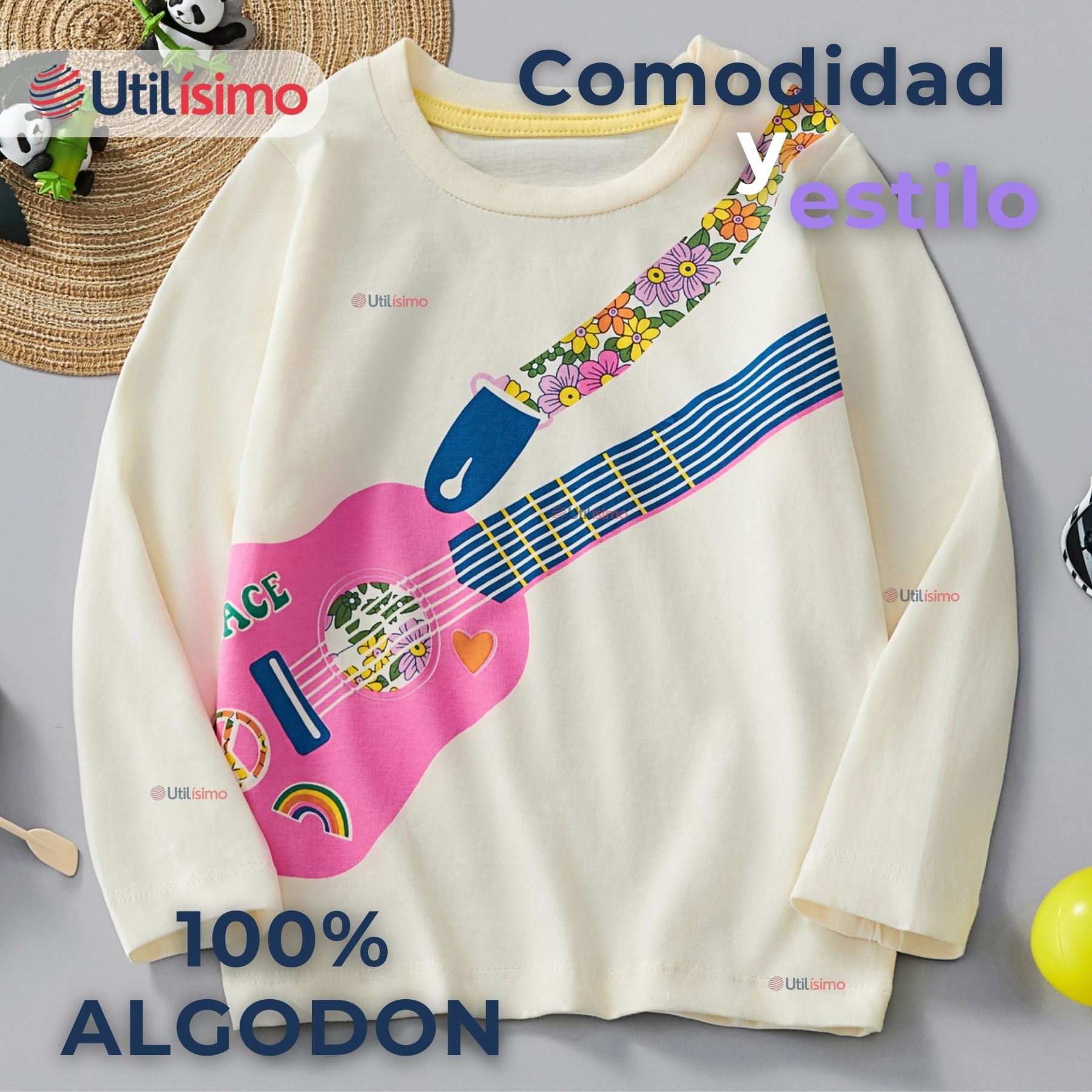 POLERA MANGA LARGA NIÑA 100% ALGODÓN GUITARRA EN COLOR BLANCO CAMISETA - 3