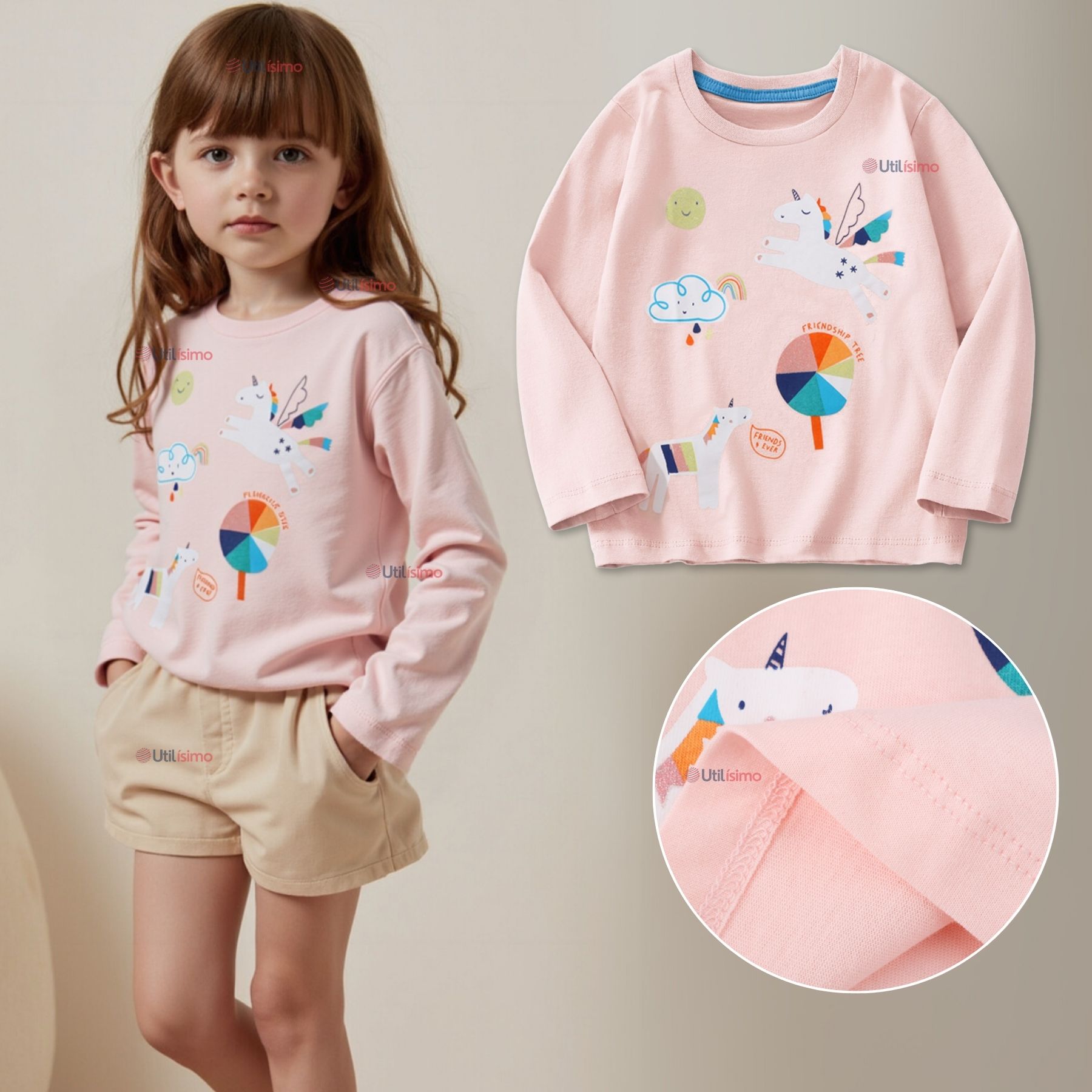 POLERA MANGA LARGA NIÑA 100% ALGODÓN DINOSAURO UNICORNIO ROSADO CAMISETA - 1