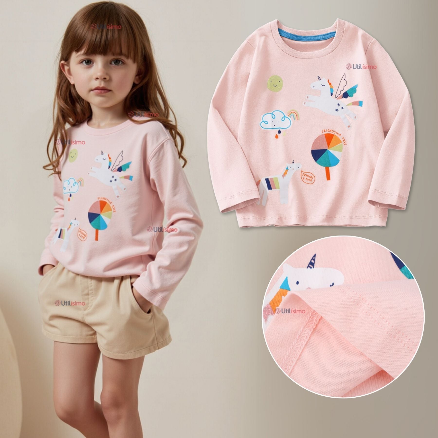 POLERA MANGA LARGA NIÑA 100% ALGODÓN DINOSAURO UNICORNIO ROSADO CAMISETA - 1