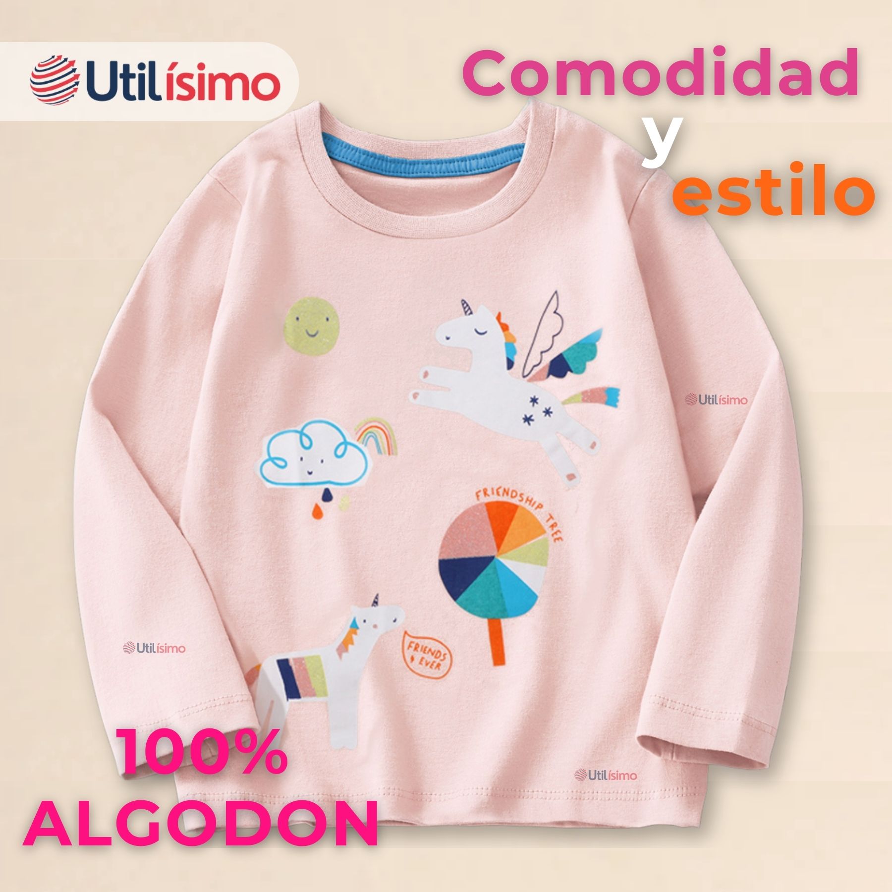 POLERA MANGA LARGA NIÑA 100% ALGODÓN DINOSAURO UNICORNIO ROSADO CAMISETA - 3