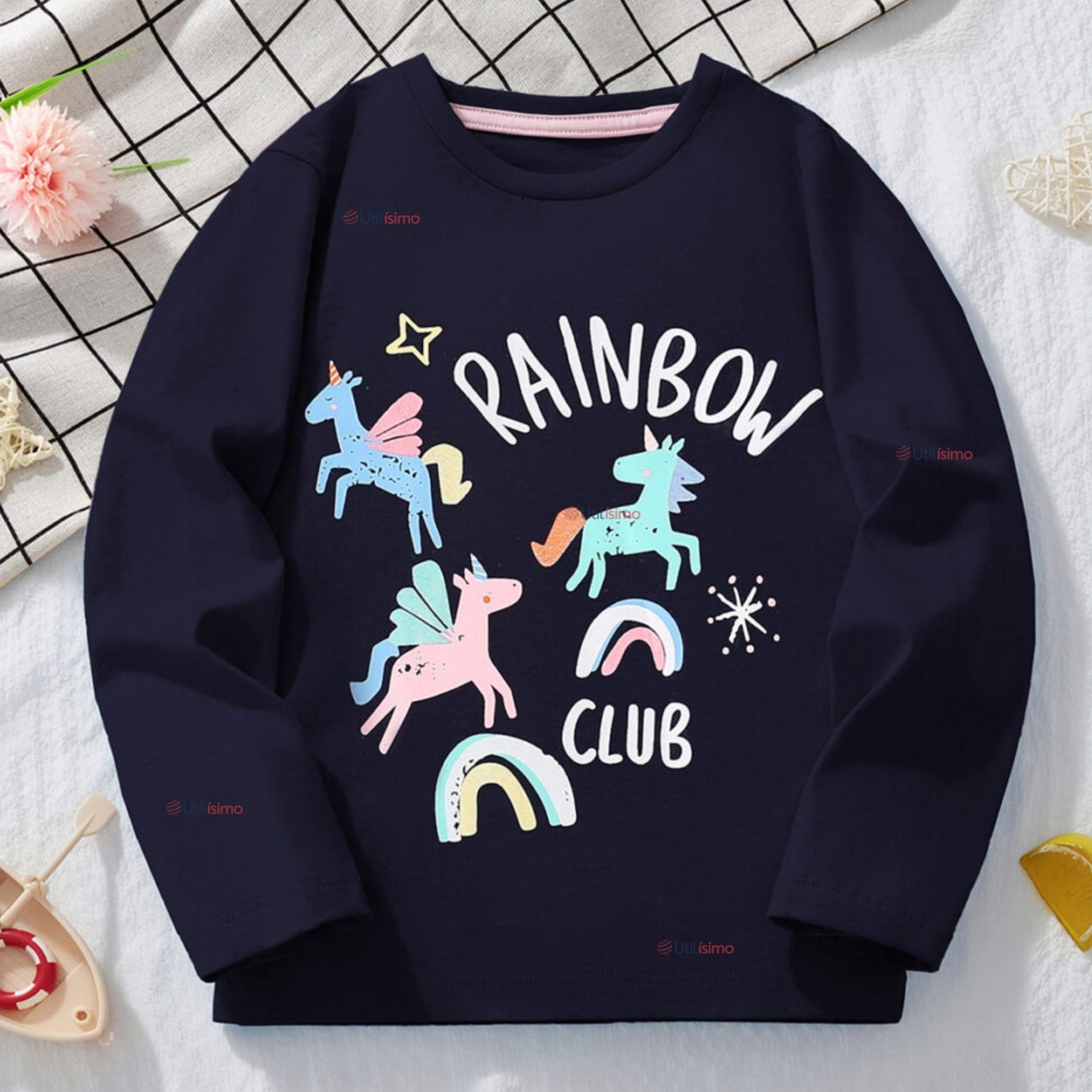 POLERA MANGA LARGA NIÑA 100% ALGODÓN UNICORNIOS EN COLOR NEGRO CAMISETA - 1