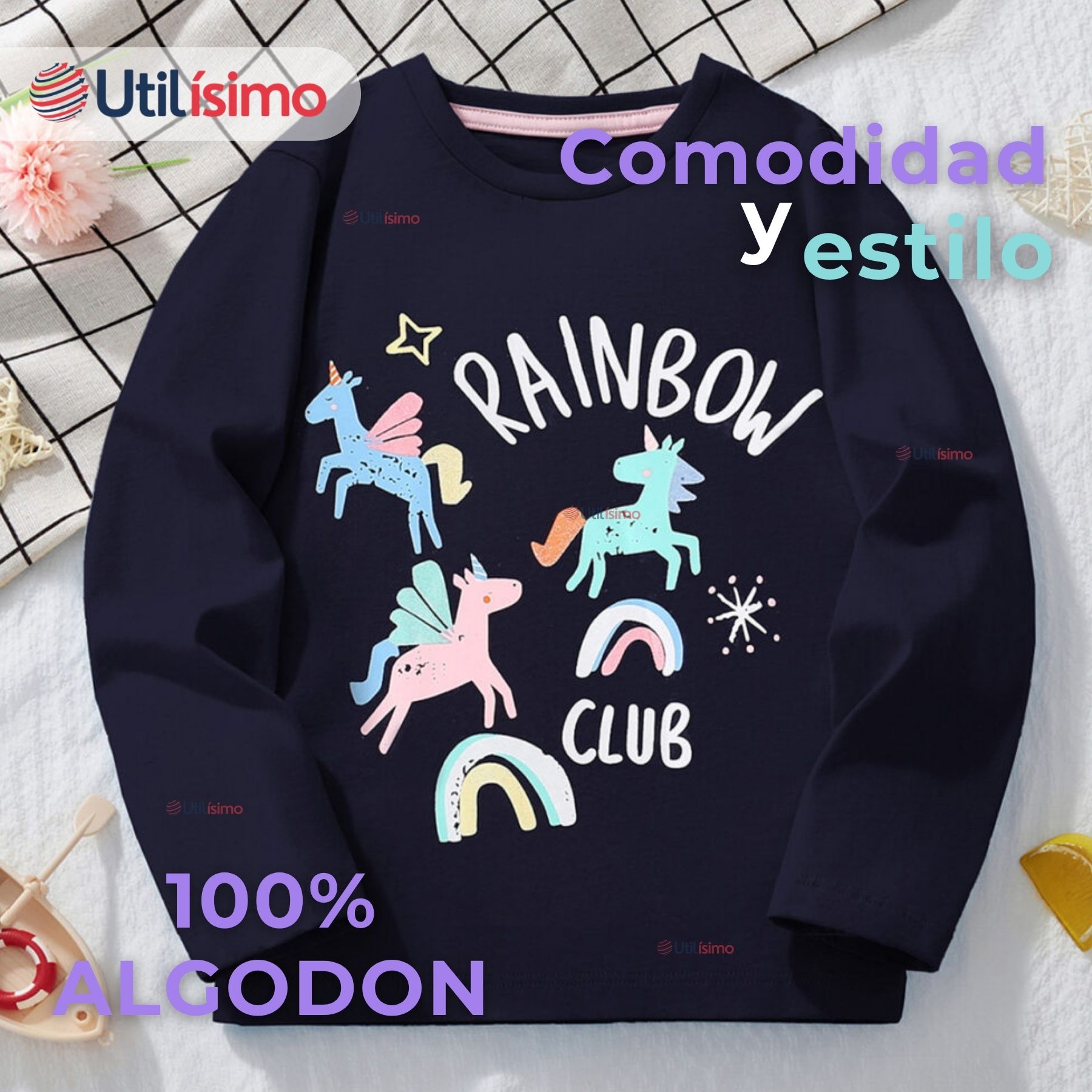 POLERA MANGA LARGA NIÑA 100% ALGODÓN UNICORNIOS EN COLOR NEGRO CAMISETA - 3