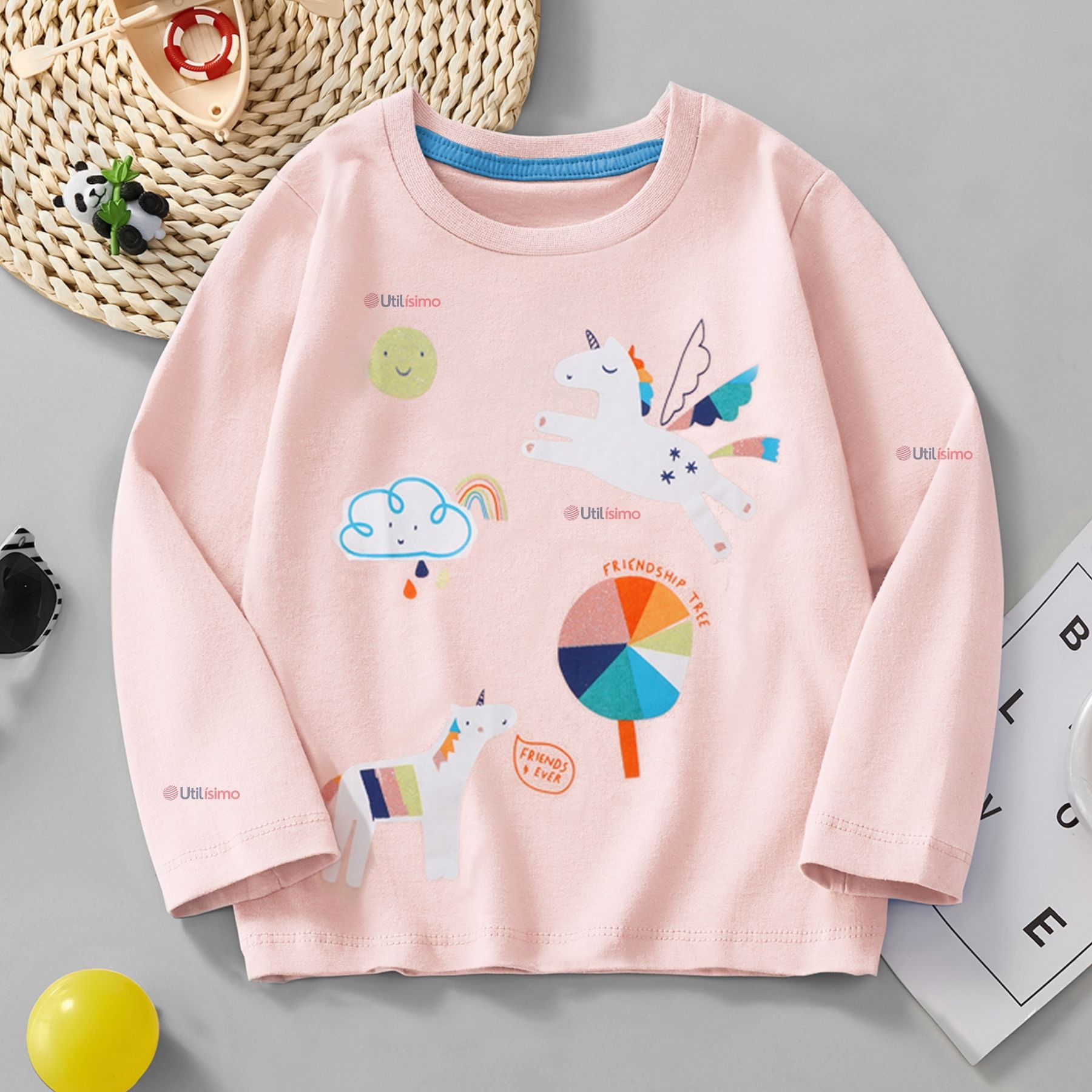 POLERA MANGA LARGA NIÑA 100% ALGODÓN DINOSAURO UNICORNIO ROSADO CAMISETA - 1