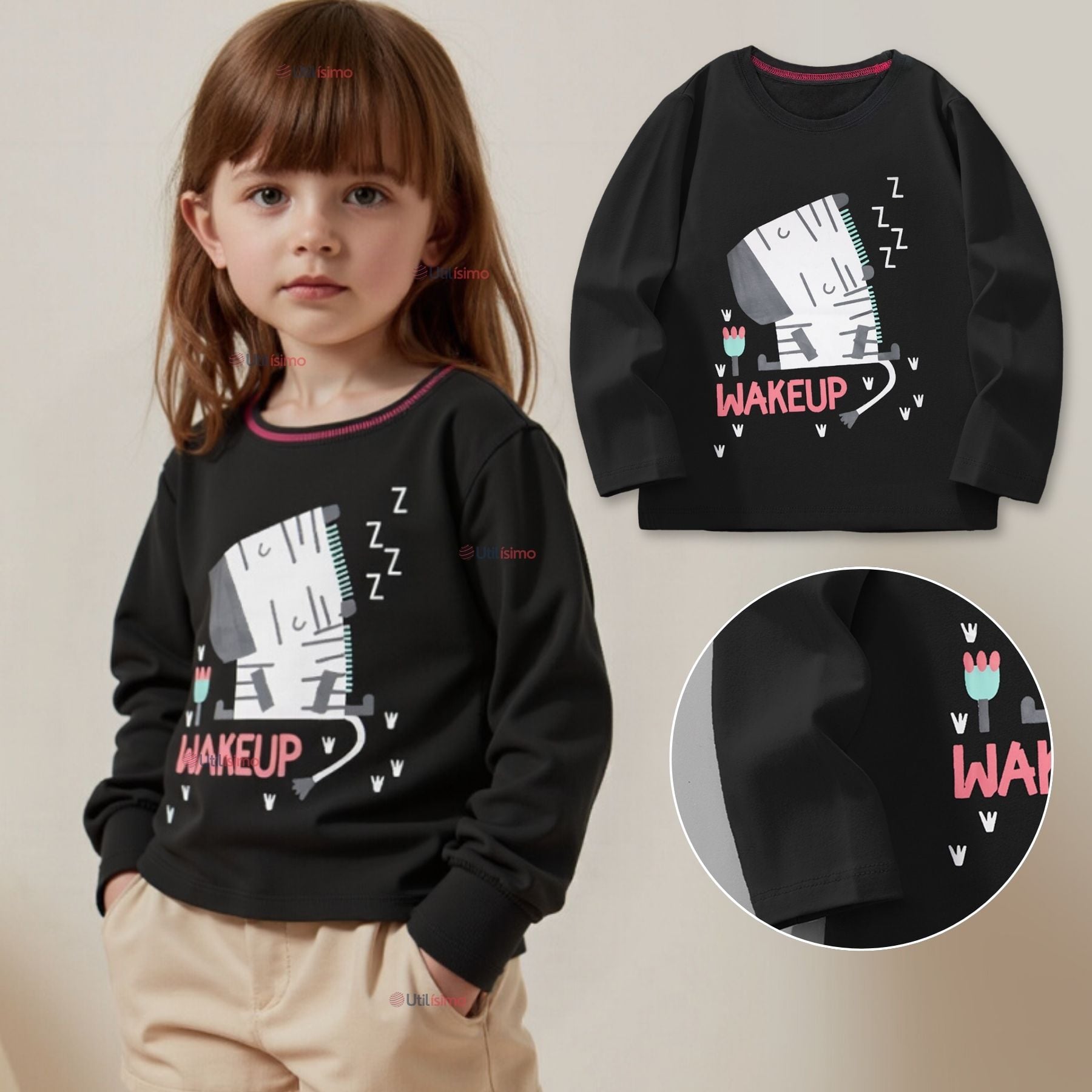 POLERA MANGA LARGA NIÑA 100% ALGODÓN ZEBRA EN COLOR NEGRO CAMISETA - 1
