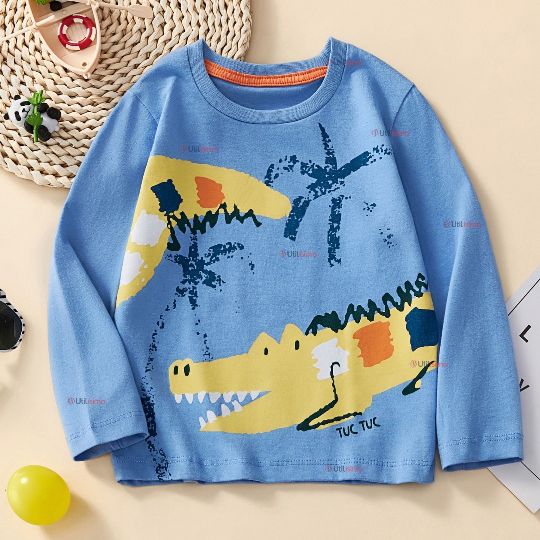 POLERA MANGA LARGA NIÑO 100% ALGODÓN COCODRILO AZUL CAMISETA - 1