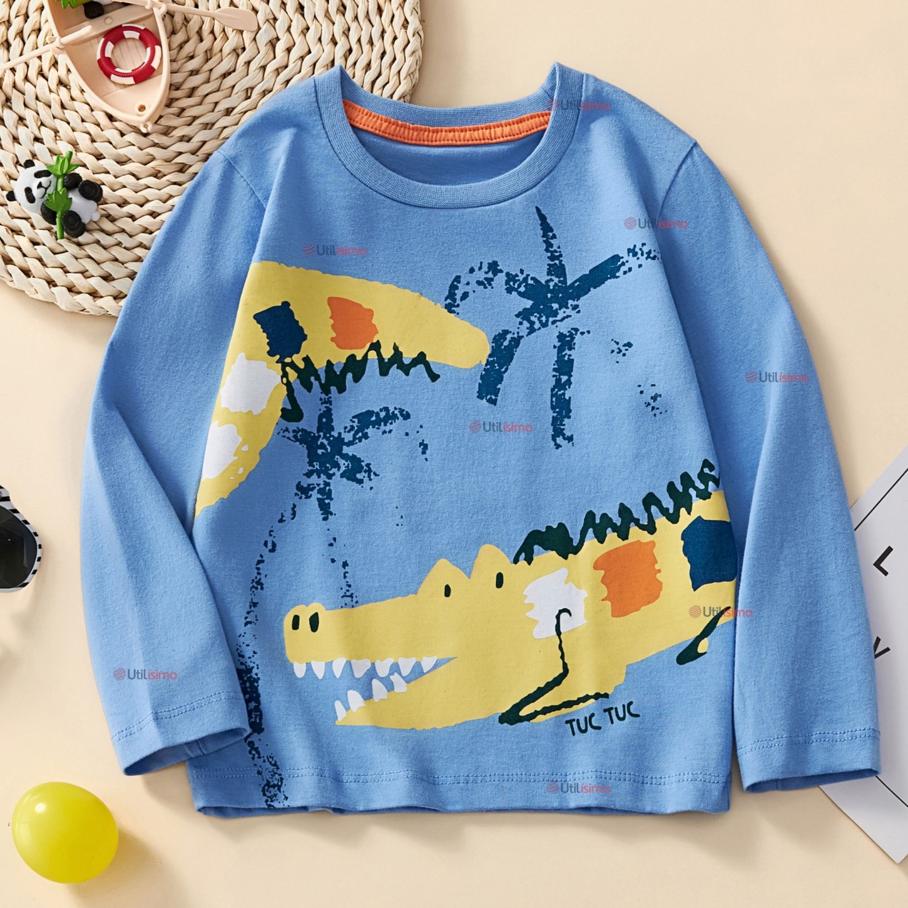 POLERA MANGA LARGA NIÑO 100% ALGODÓN COCODRILO AZUL CAMISETA - 1