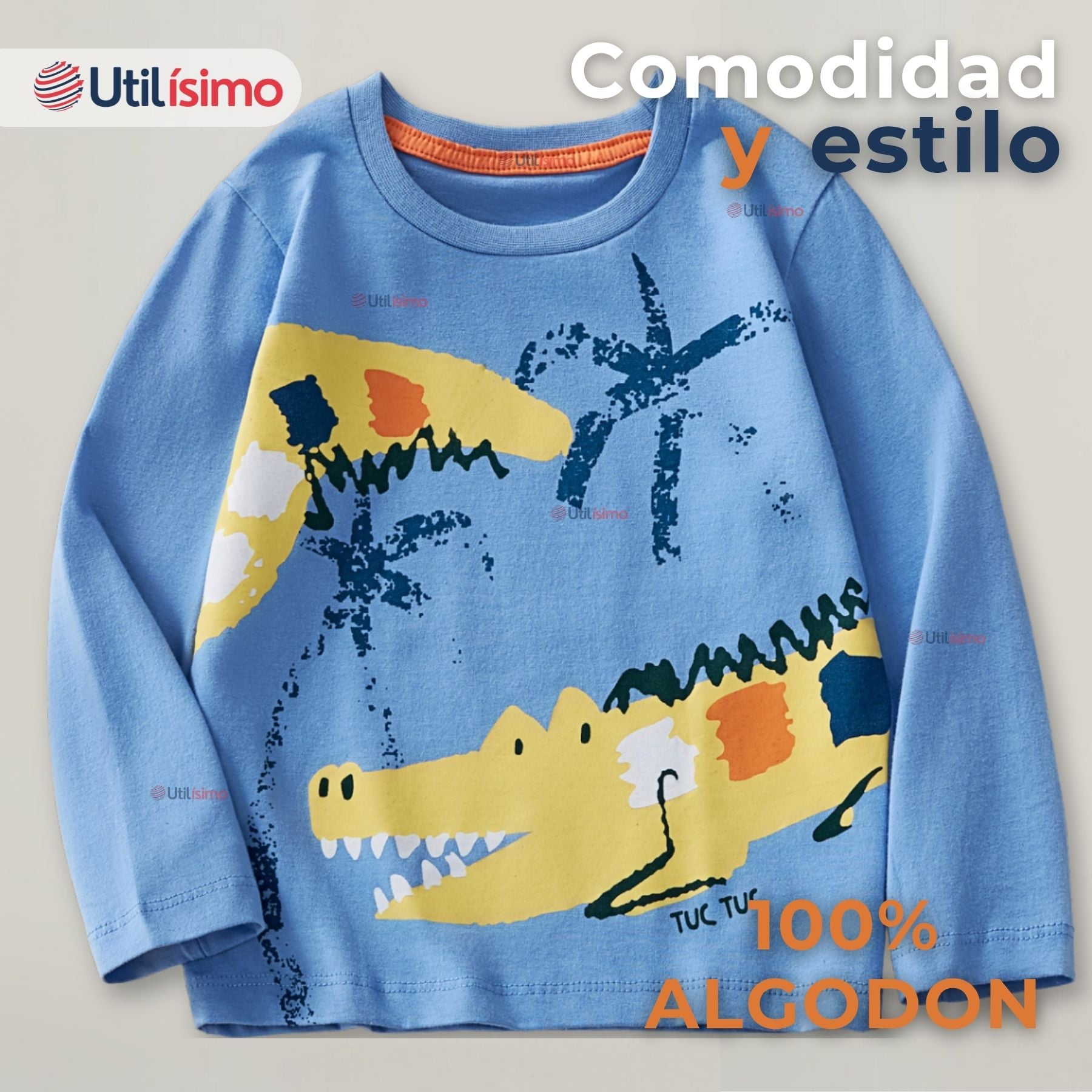 POLERA MANGA LARGA NIÑO 100% ALGODÓN COCODRILO AZUL CAMISETA - 3