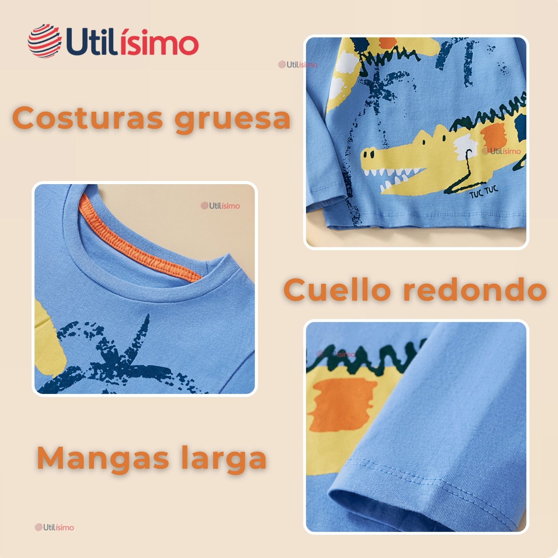 POLERA MANGA LARGA NIÑO 100% ALGODÓN COCODRILO AZUL CAMISETA - 6