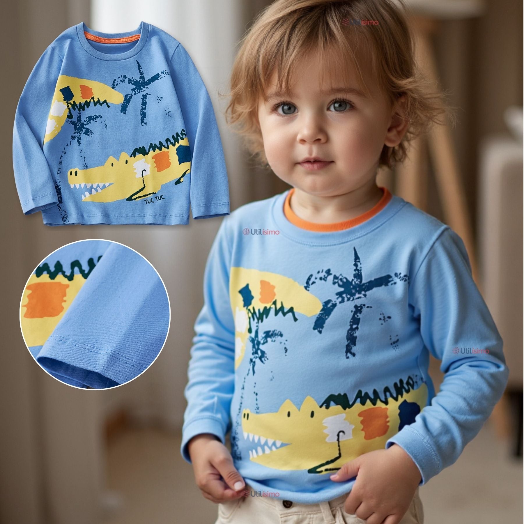 POLERA MANGA LARGA NIÑO 100% ALGODÓN COCODRILO AZUL CAMISETA - 1