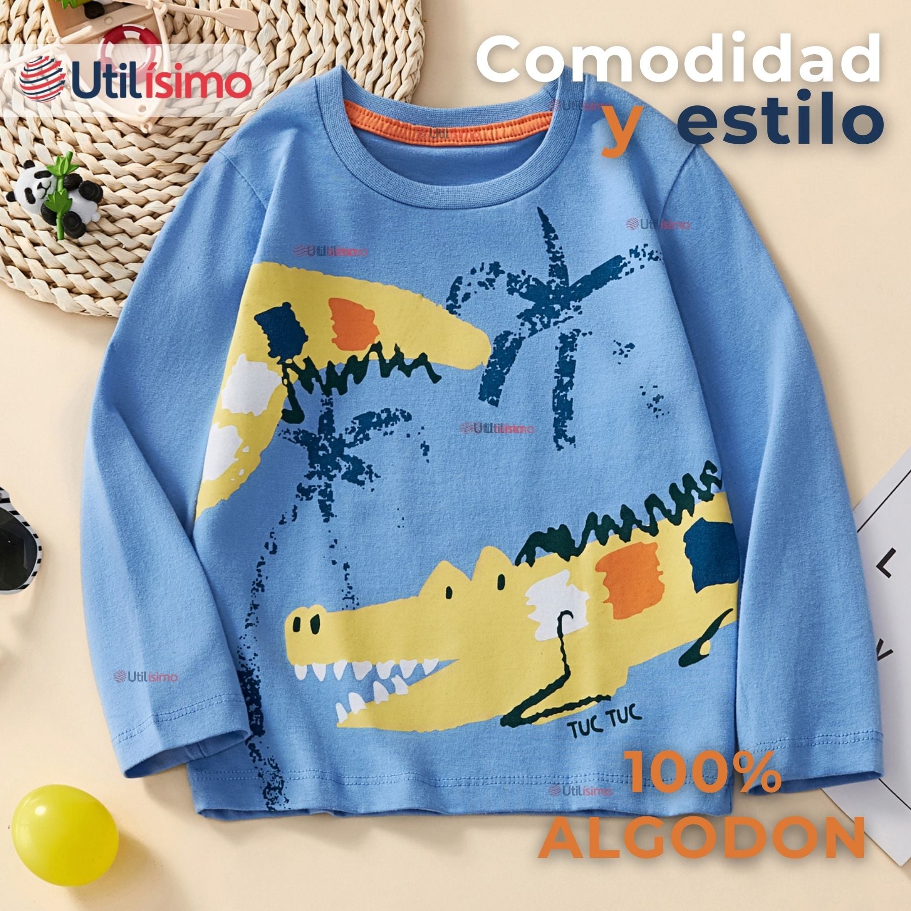 POLERA MANGA LARGA NIÑO 100% ALGODÓN COCODRILO AZUL CAMISETA - 3